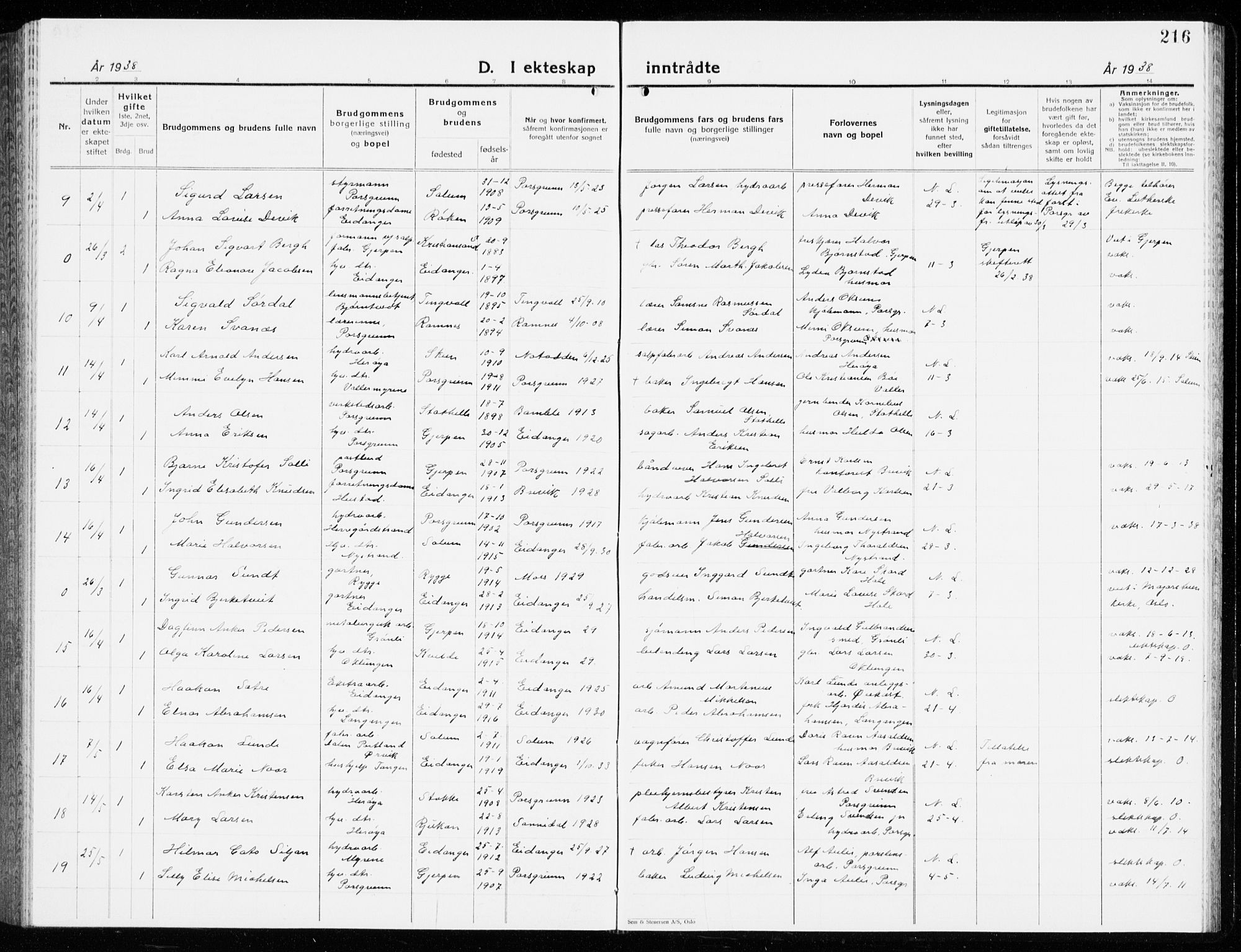 Eidanger kirkebøker, SAKO/A-261/G/Ga/L0005: Parish register (copy) no. 5, 1928-1942, p. 216