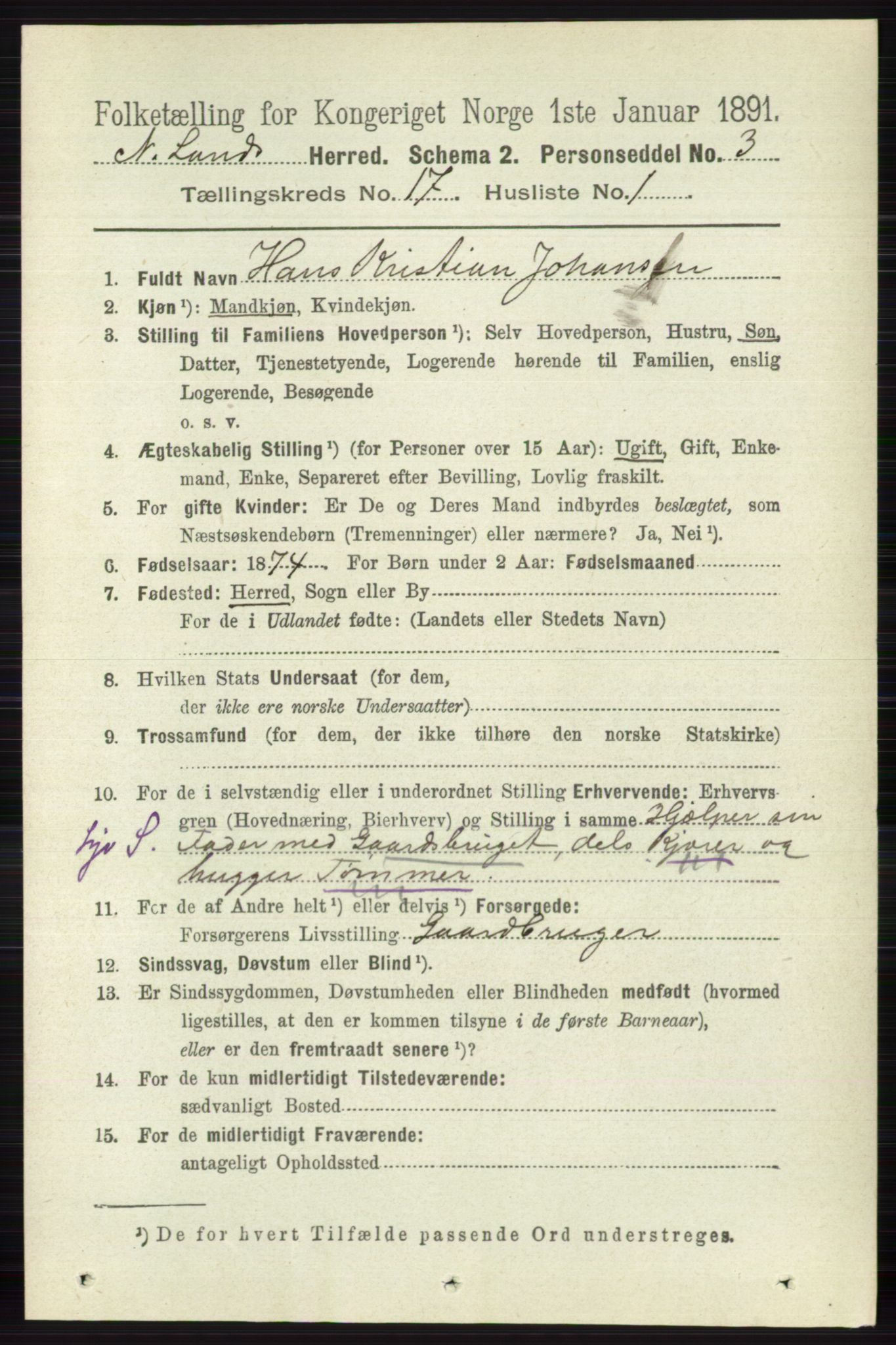 RA, 1891 census for 0538 Nordre Land, 1891, p. 4288