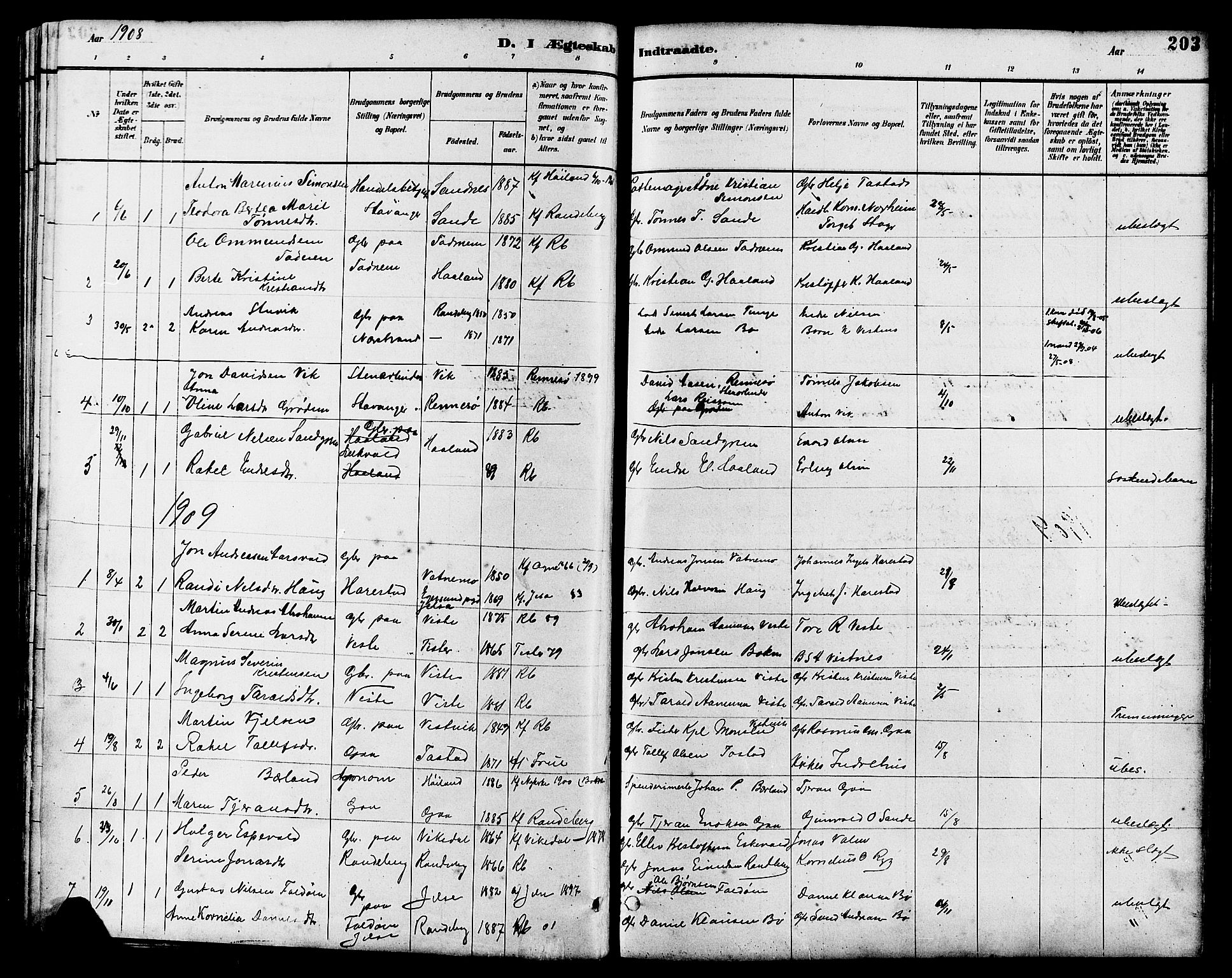 Hetland sokneprestkontor, SAST/A-101826/30/30BB/L0006: Parish register (copy) no. B 6, 1878-1921, p. 203