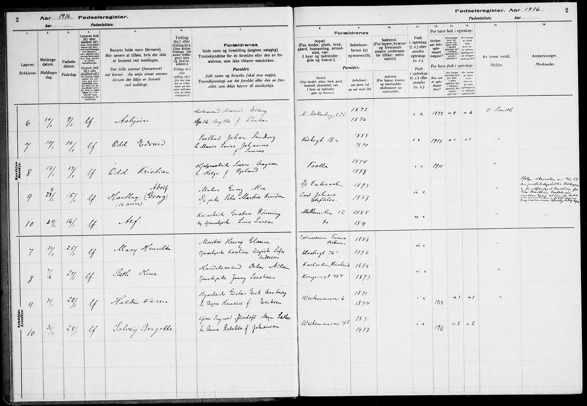 Ministerialprotokoller, klokkerbøker og fødselsregistre - Sør-Trøndelag, SAT/A-1456/600/L0002: Birth register no. 600.II.4.1, 1916-1920, p. 2