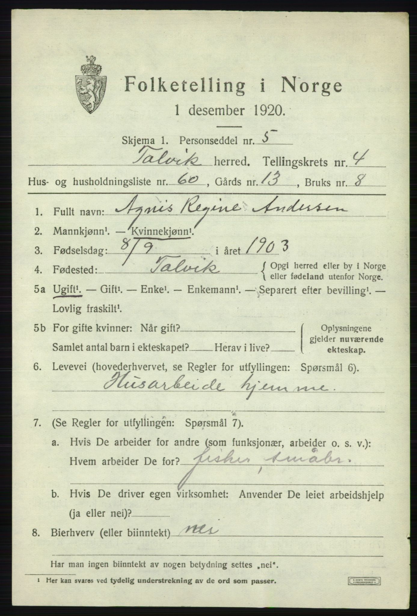 SATØ, 1920 census for Talvik, 1920, p. 3272