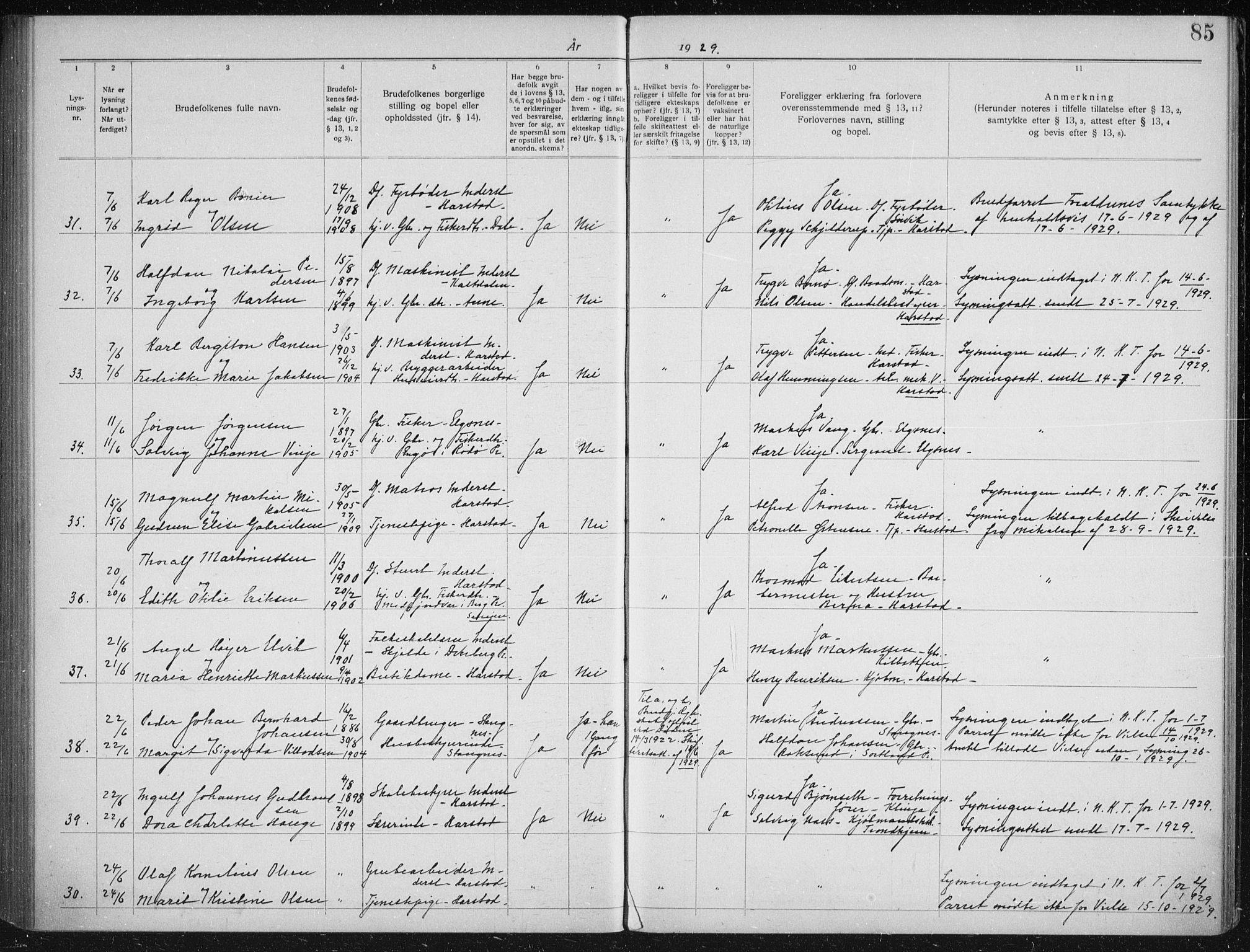 Trondenes sokneprestkontor, AV/SATØ-S-1319/I/Ib/L0099: Banns register no. 99, 1919-1930, p. 85