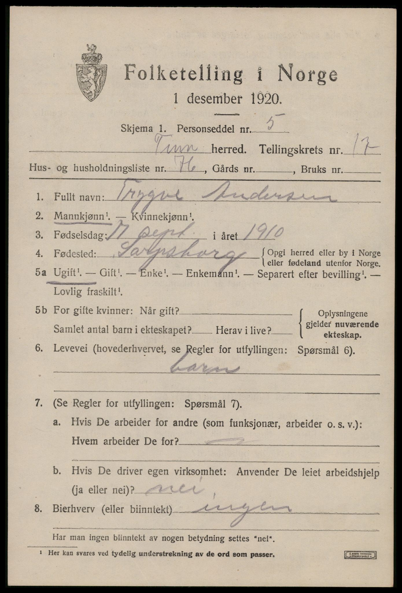 SAKO, 1920 census for Tinn, 1920, p. 20406