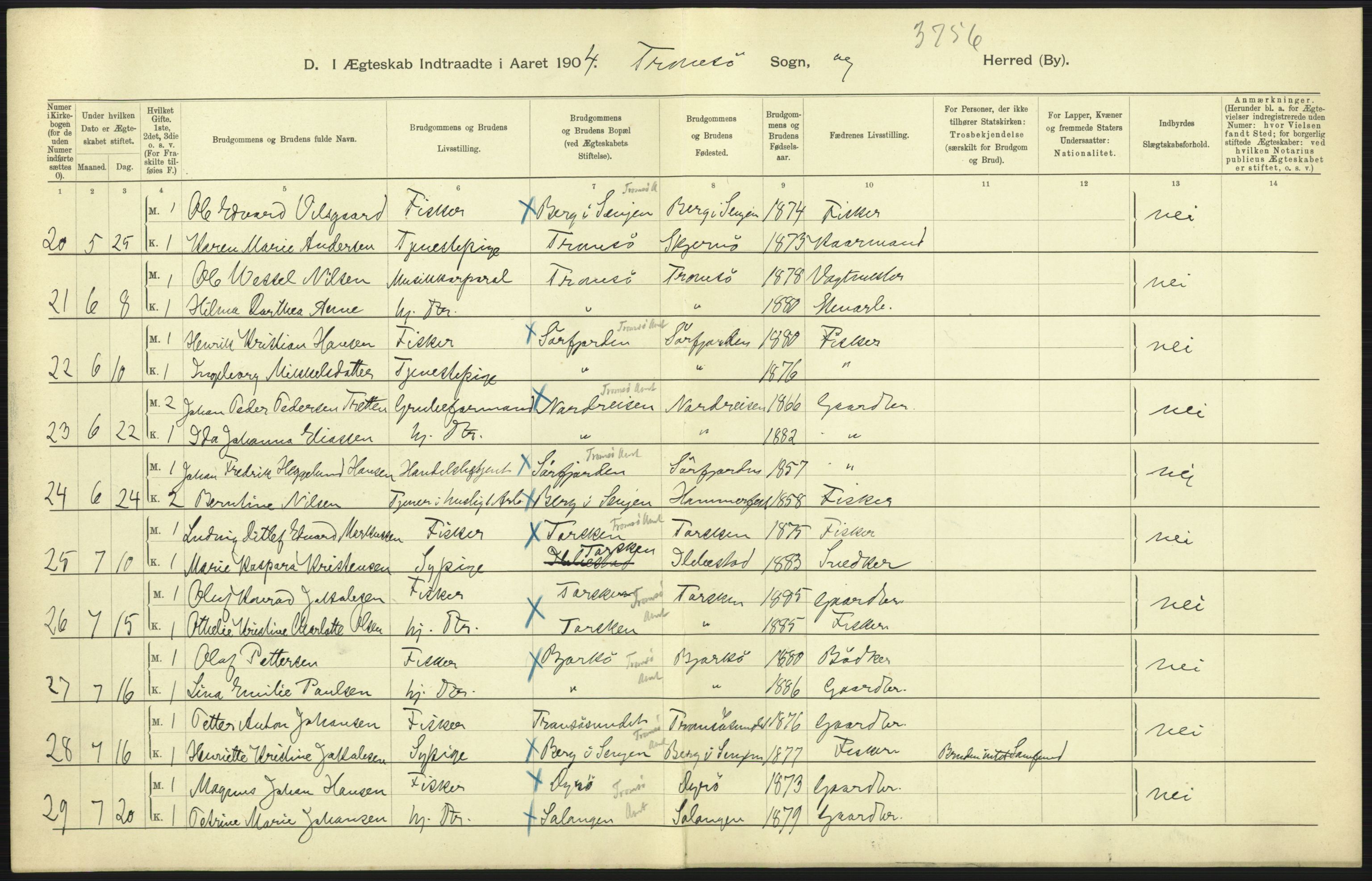 Statistisk sentralbyrå, Sosiodemografiske emner, Befolkning, AV/RA-S-2228/D/Df/Dfa/Dfab/L0022: Tromsø amt: Fødte, gifte, døde, 1904, p. 381