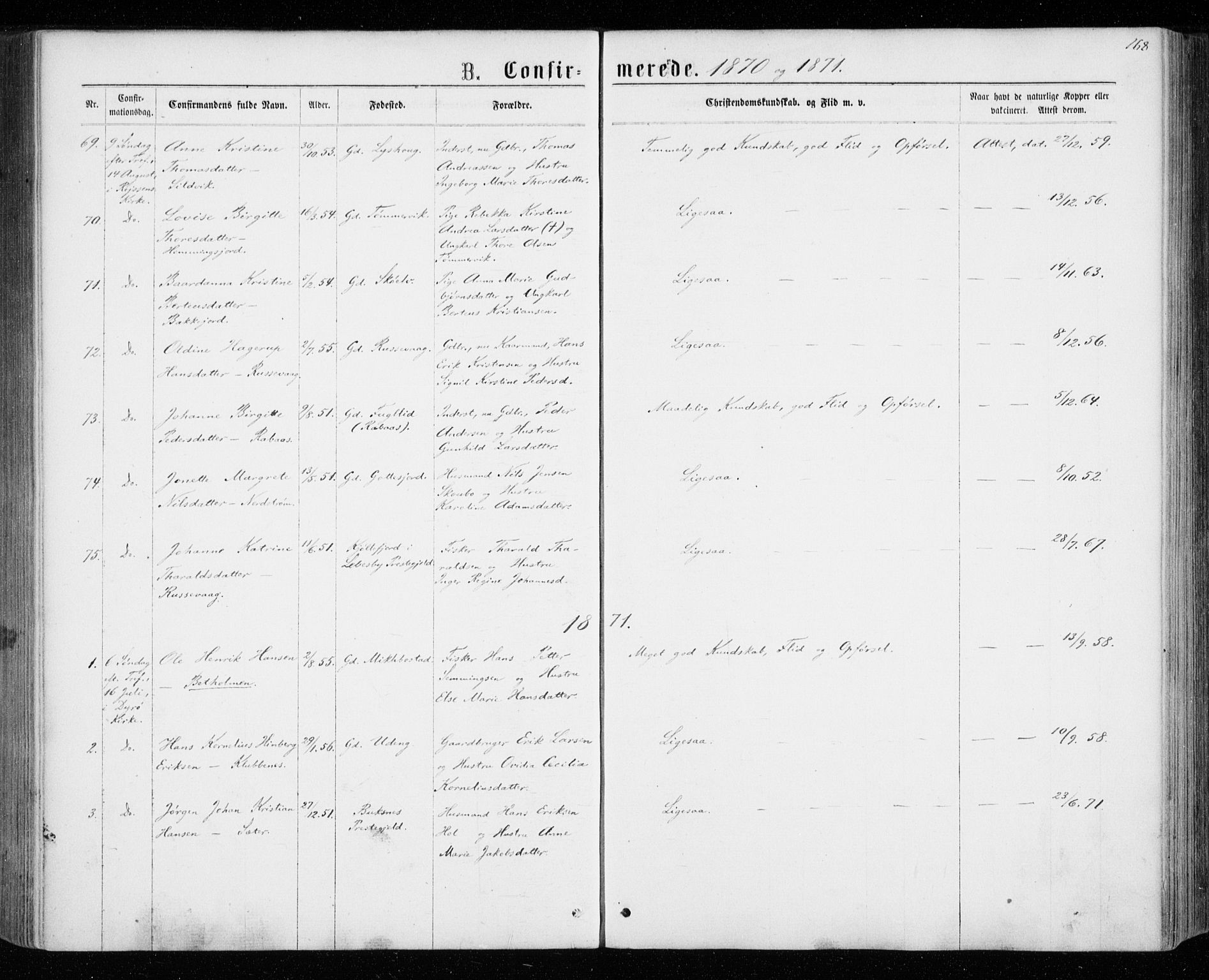 Tranøy sokneprestkontor, AV/SATØ-S-1313/I/Ia/Iaa/L0008kirke: Parish register (official) no. 8, 1867-1877, p. 168