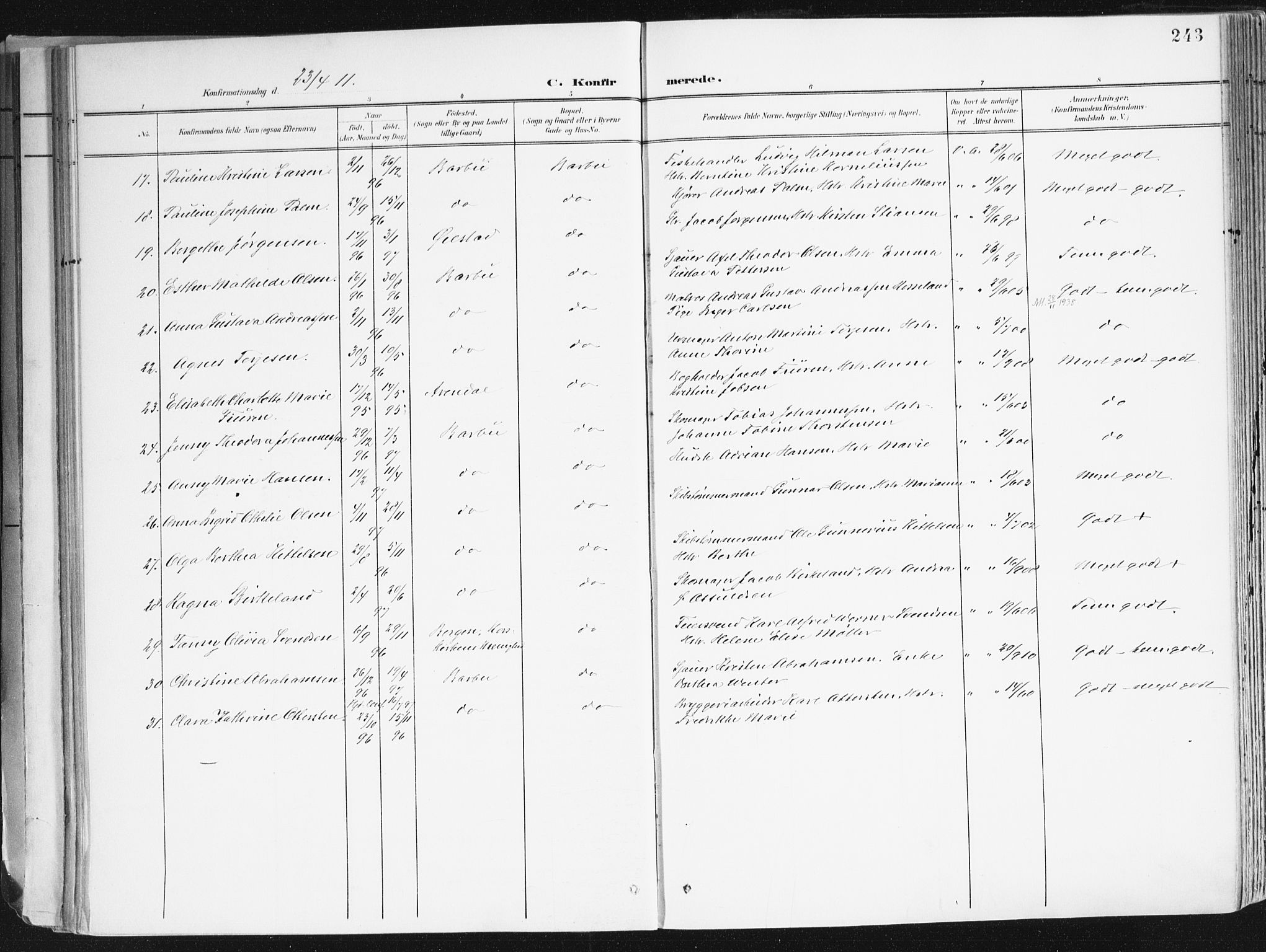 Arendal sokneprestkontor, Trefoldighet, AV/SAK-1111-0040/F/Fa/L0010: Parish register (official) no. A 10, 1900-1919, p. 243