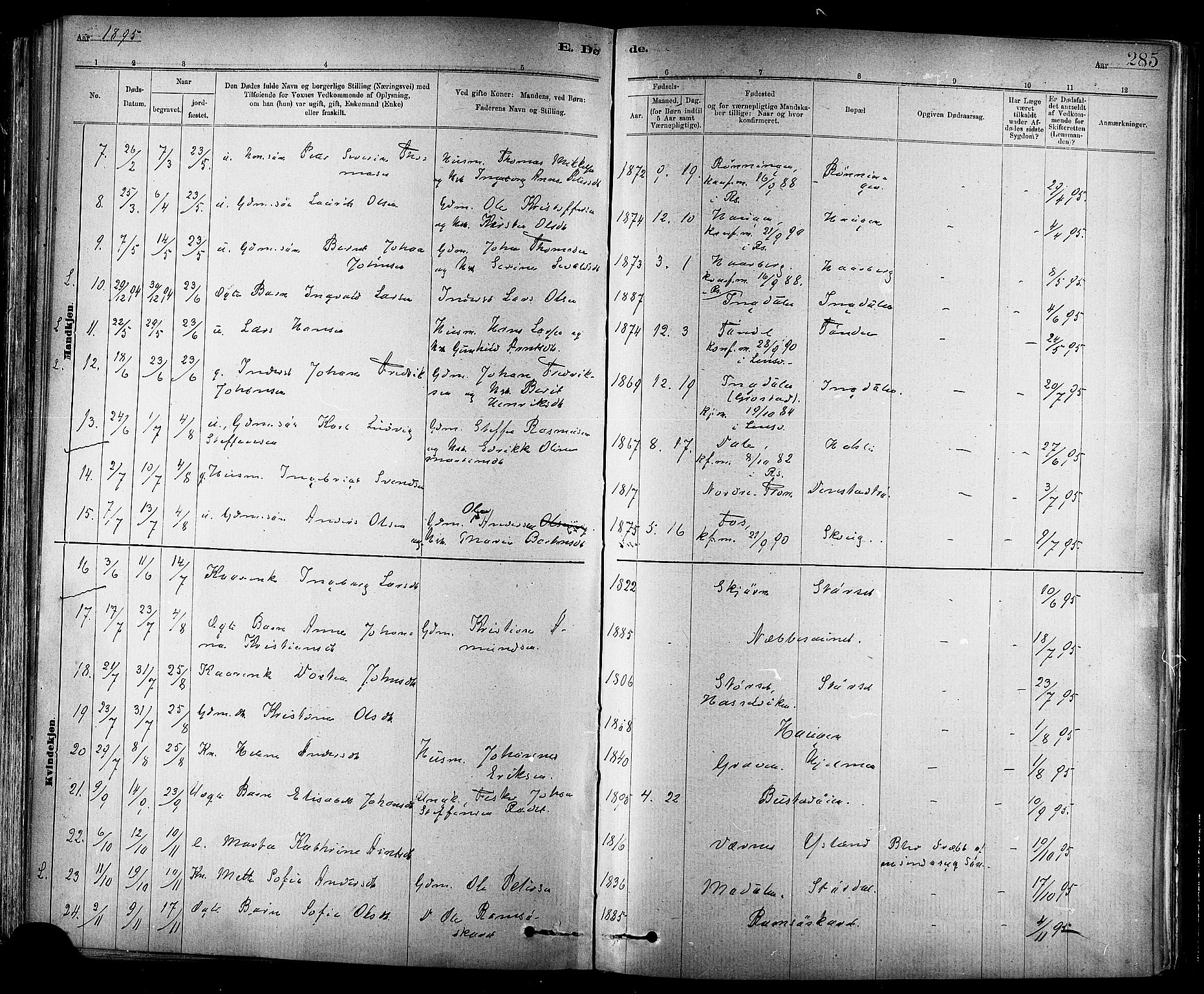 Ministerialprotokoller, klokkerbøker og fødselsregistre - Sør-Trøndelag, SAT/A-1456/647/L0634: Parish register (official) no. 647A01, 1885-1896, p. 285