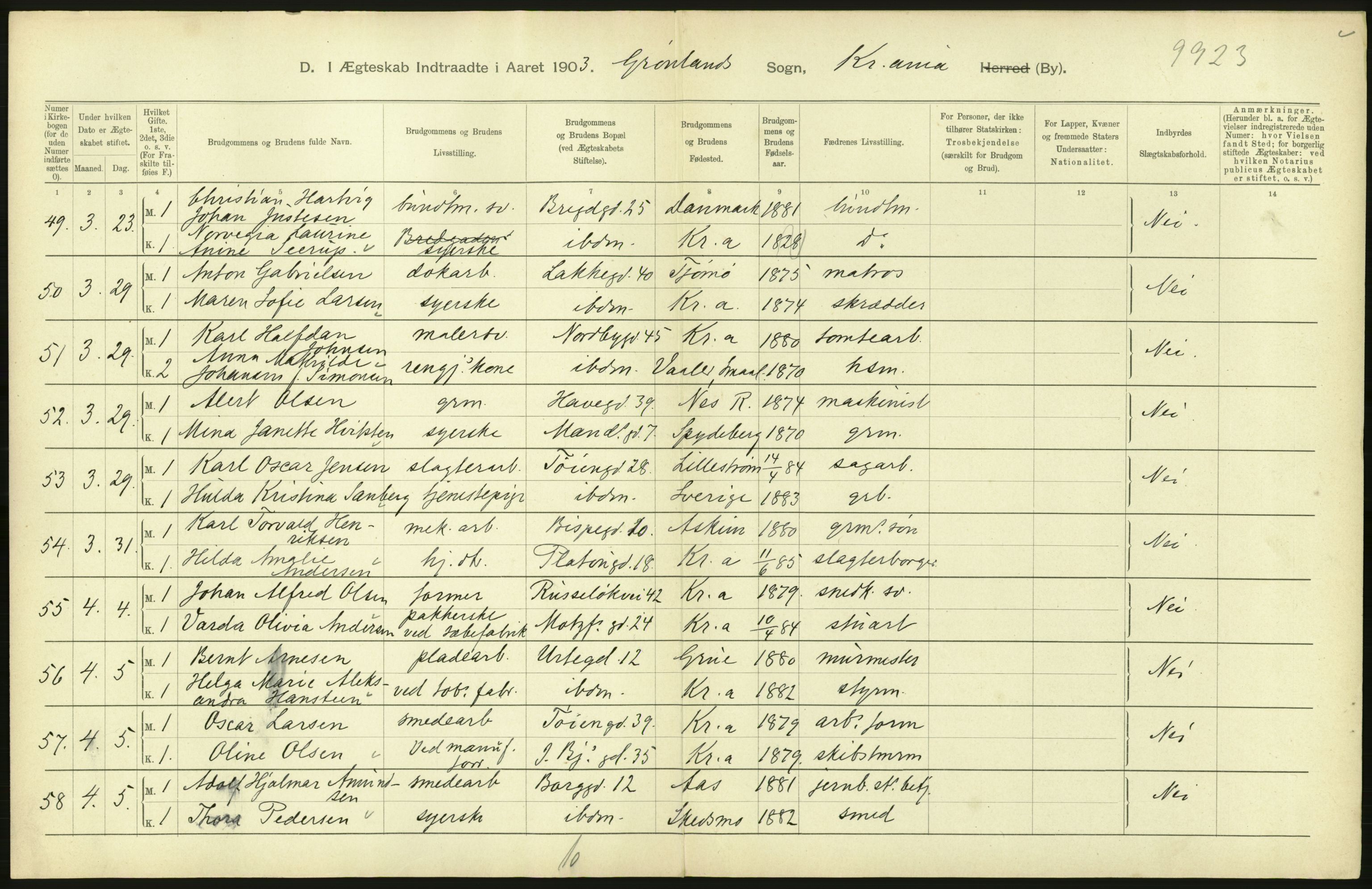 Statistisk sentralbyrå, Sosiodemografiske emner, Befolkning, AV/RA-S-2228/D/Df/Dfa/Dfaa/L0004: Kristiania: Gifte, døde, 1903, p. 456