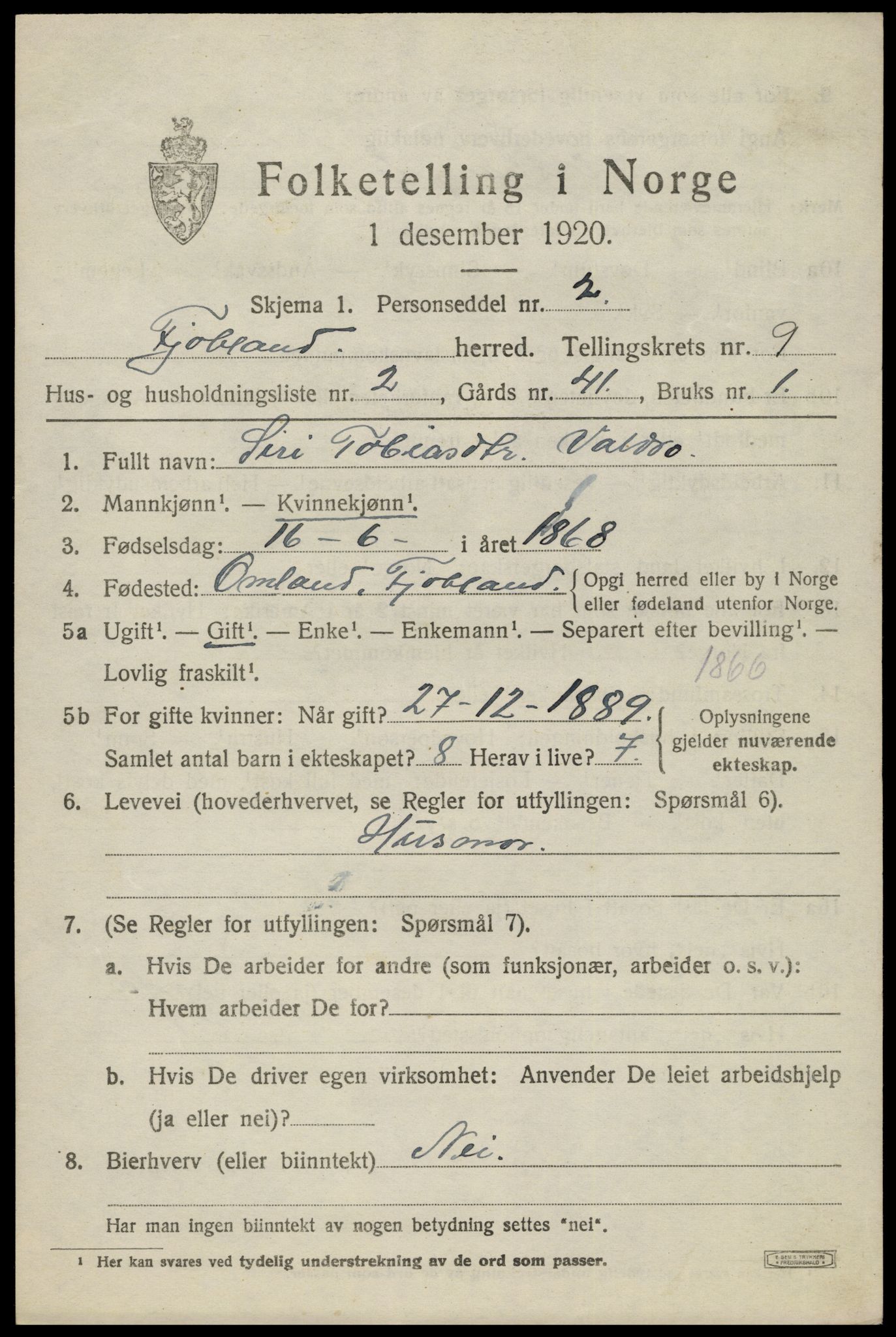 SAK, 1920 census for Fjotland, 1920, p. 2234
