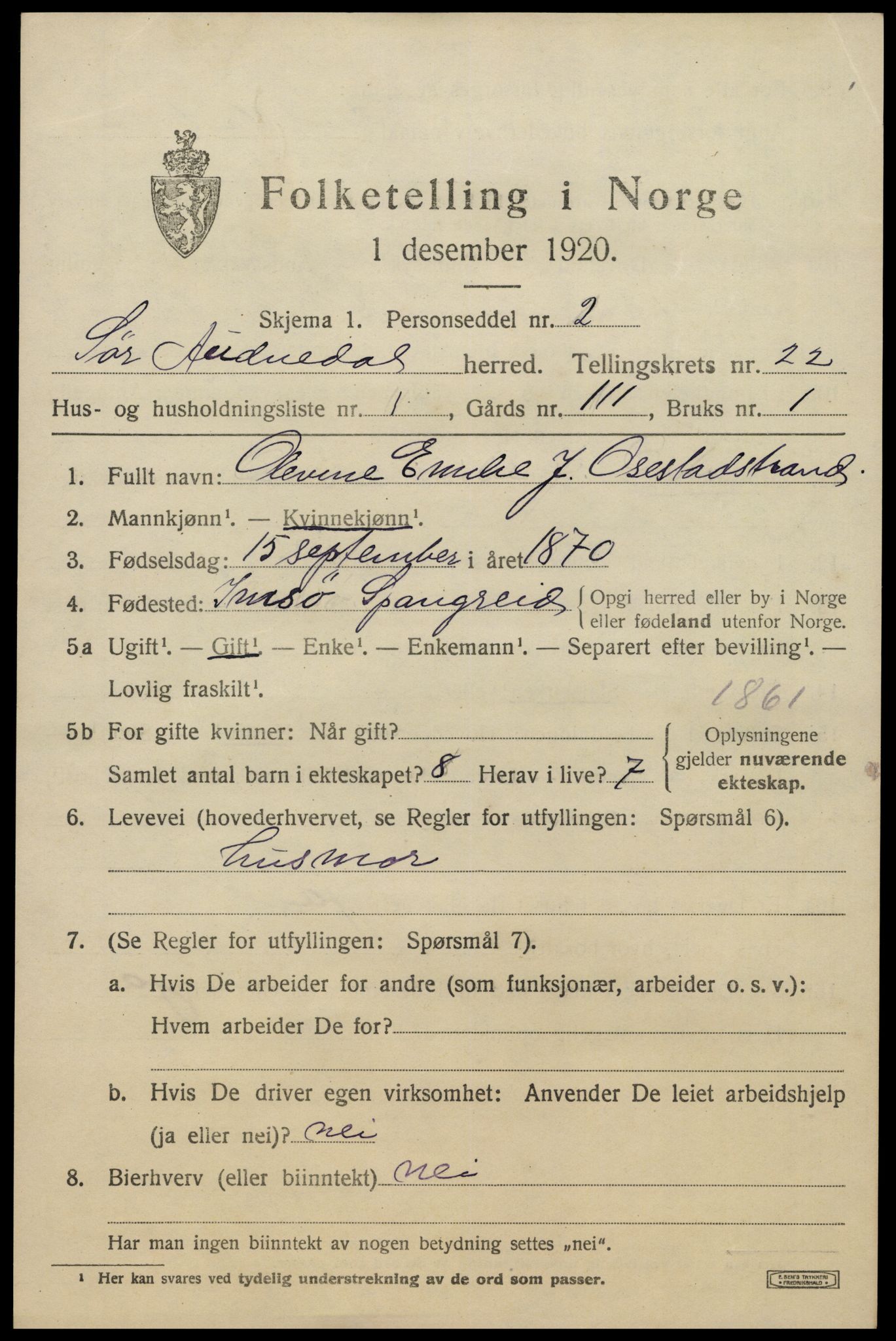 SAK, 1920 census for Sør-Audnedal, 1920, p. 7101