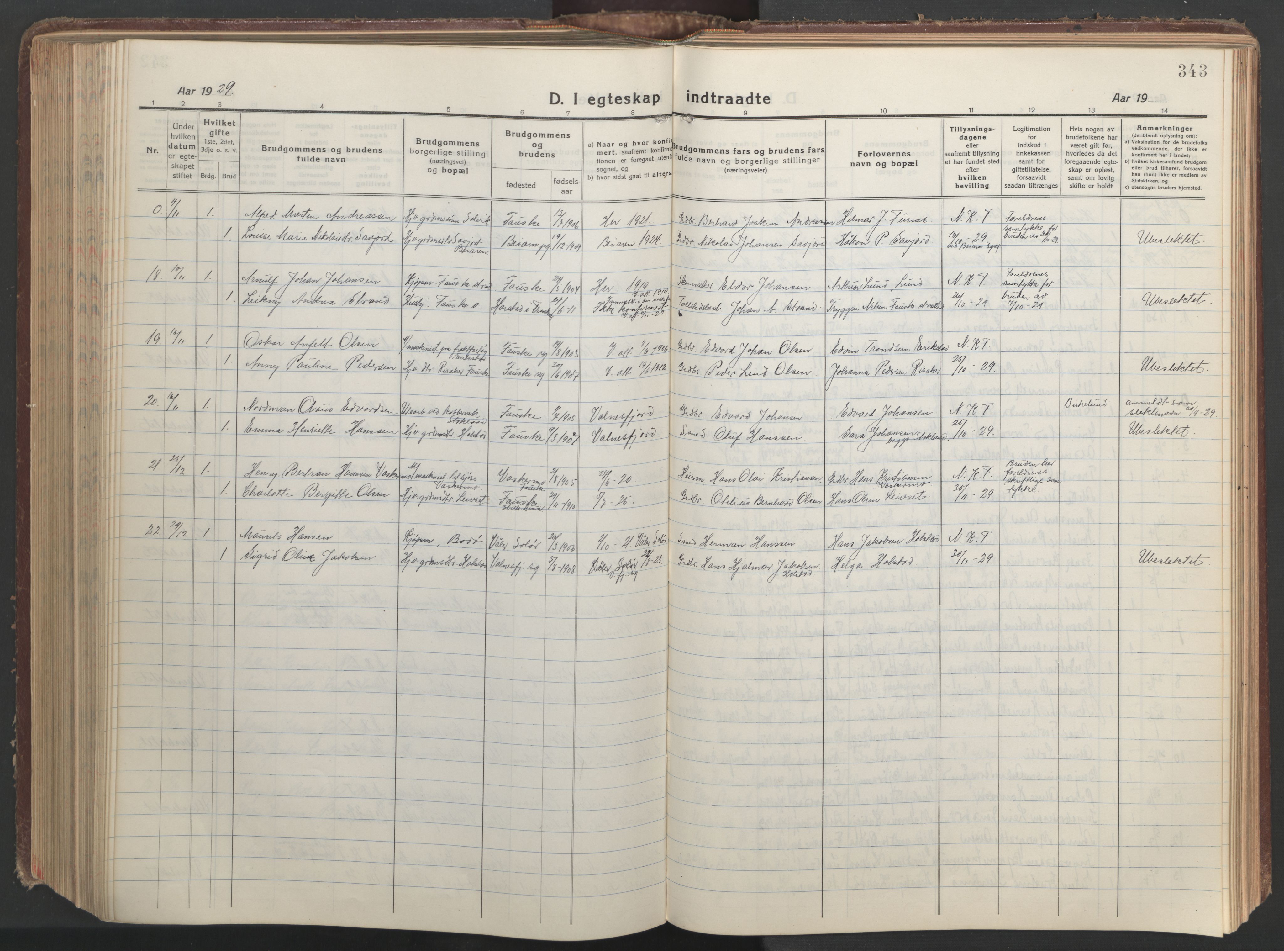 Ministerialprotokoller, klokkerbøker og fødselsregistre - Nordland, AV/SAT-A-1459/849/L0700: Parish register (copy) no. 849C01, 1919-1946, p. 343