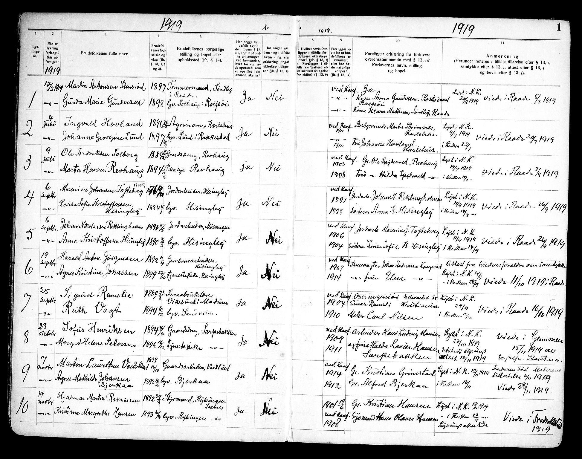 Råde prestekontor kirkebøker, SAO/A-2009/H/Ha/L0001: Banns register no. 1, 1919-1964, p. 1