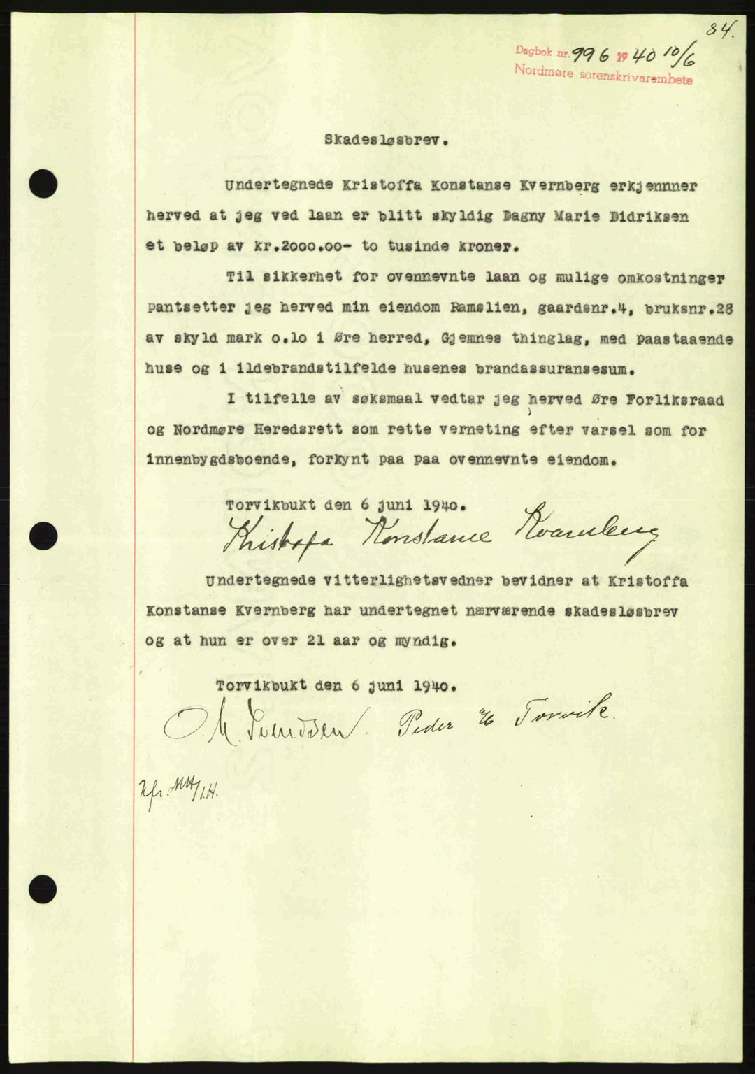 Nordmøre sorenskriveri, AV/SAT-A-4132/1/2/2Ca: Mortgage book no. B87, 1940-1941, Diary no: : 996/1940