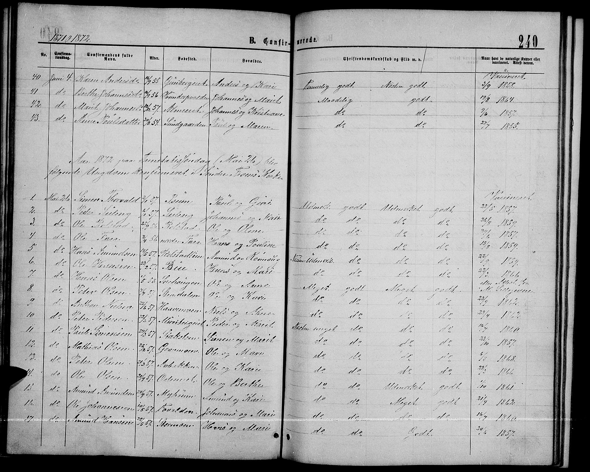 Sør-Fron prestekontor, SAH/PREST-010/H/Ha/Hab/L0002: Parish register (copy) no. 2, 1864-1883, p. 240