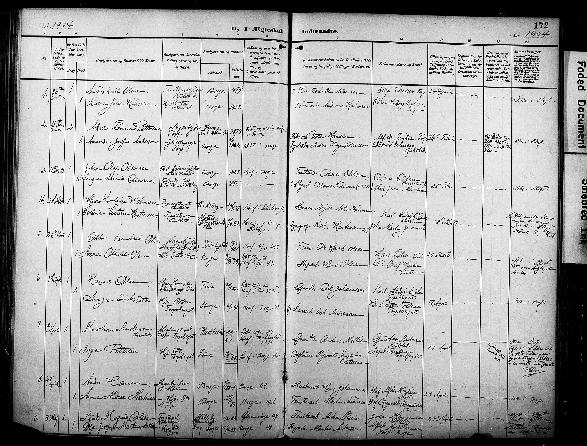 Borge prestekontor Kirkebøker, SAO/A-10903/F/Fa/L0009: Parish register (official) no. I 9, 1902-1911, p. 172