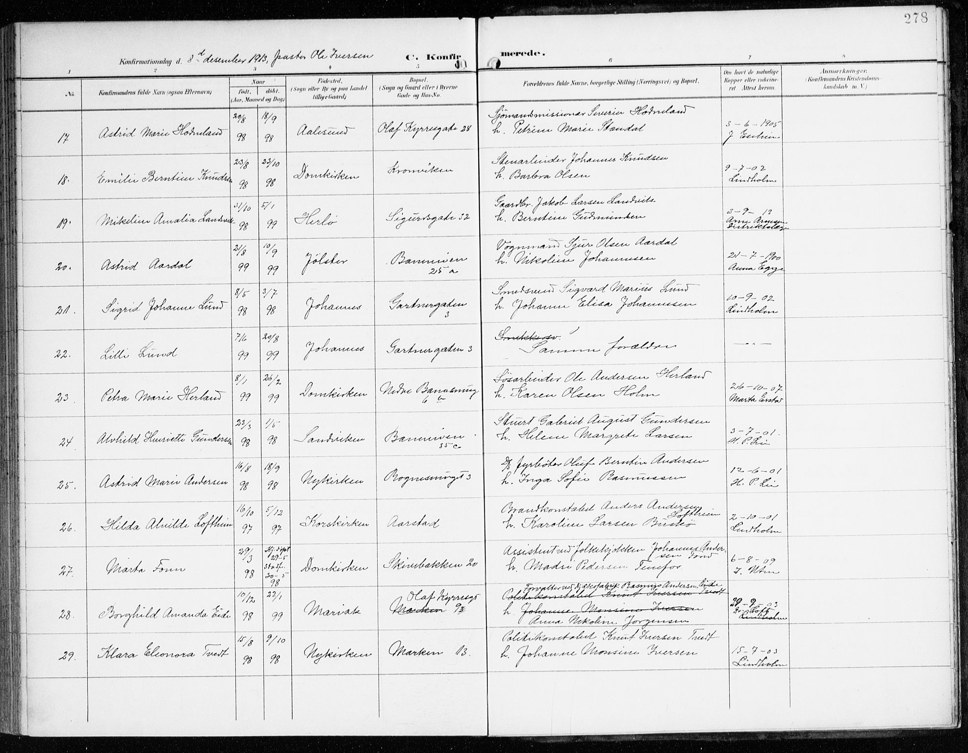 Domkirken sokneprestembete, SAB/A-74801/H/Haa/L0031: Parish register (official) no. C 6, 1898-1915, p. 278