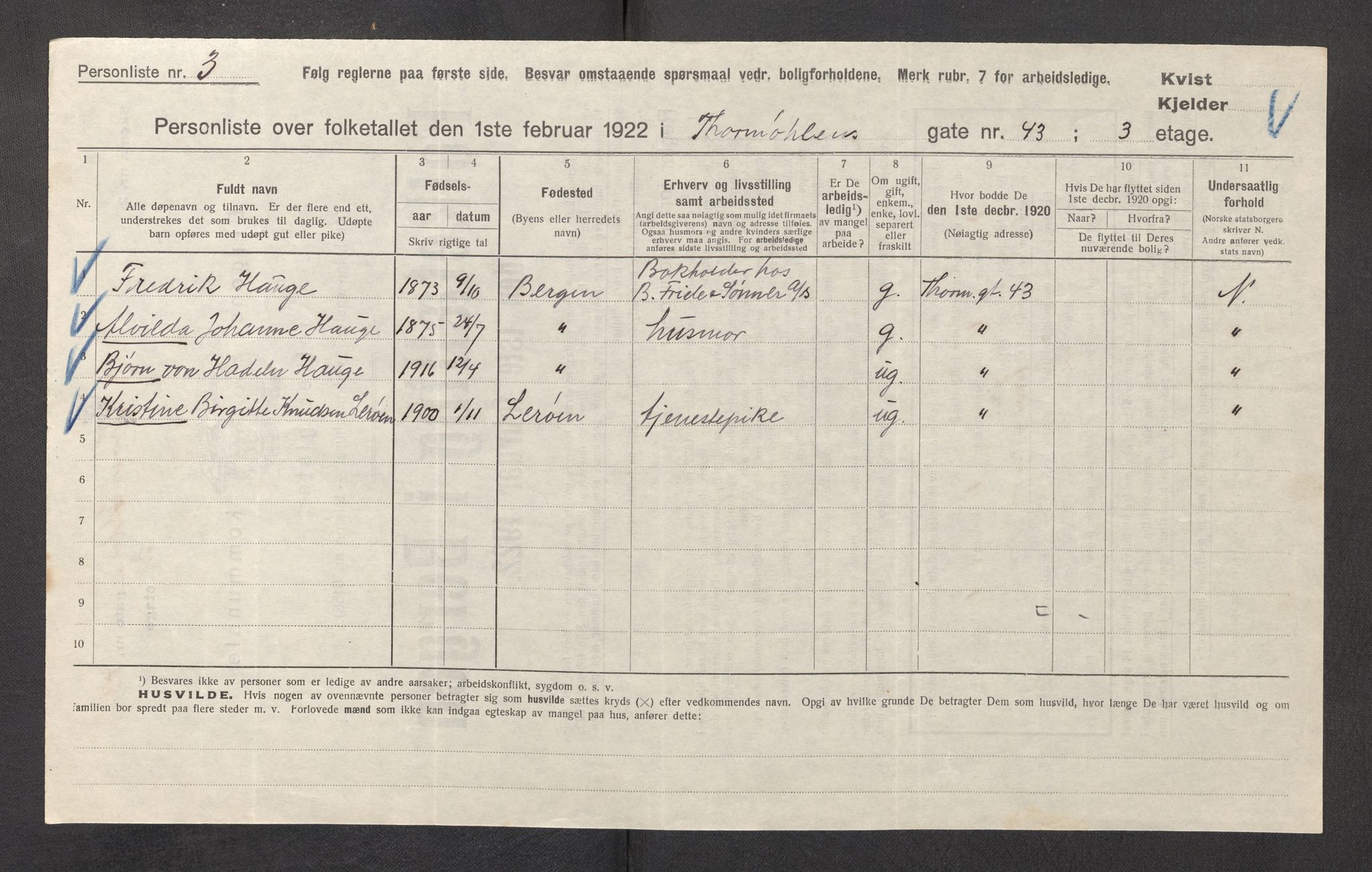 SAB, Municipal Census 1922 for Bergen, 1922, p. 43812