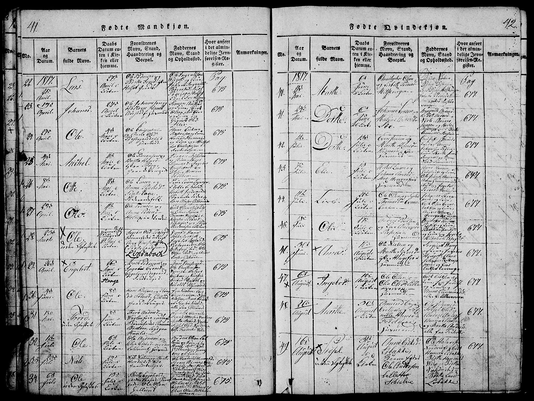 Stange prestekontor, AV/SAH-PREST-002/K/L0008: Parish register (official) no. 8, 1814-1825, p. 41-42