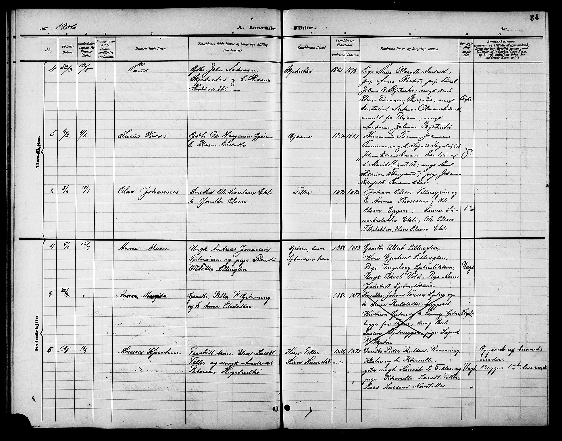 Ministerialprotokoller, klokkerbøker og fødselsregistre - Sør-Trøndelag, SAT/A-1456/621/L0460: Parish register (copy) no. 621C03, 1896-1914, p. 34