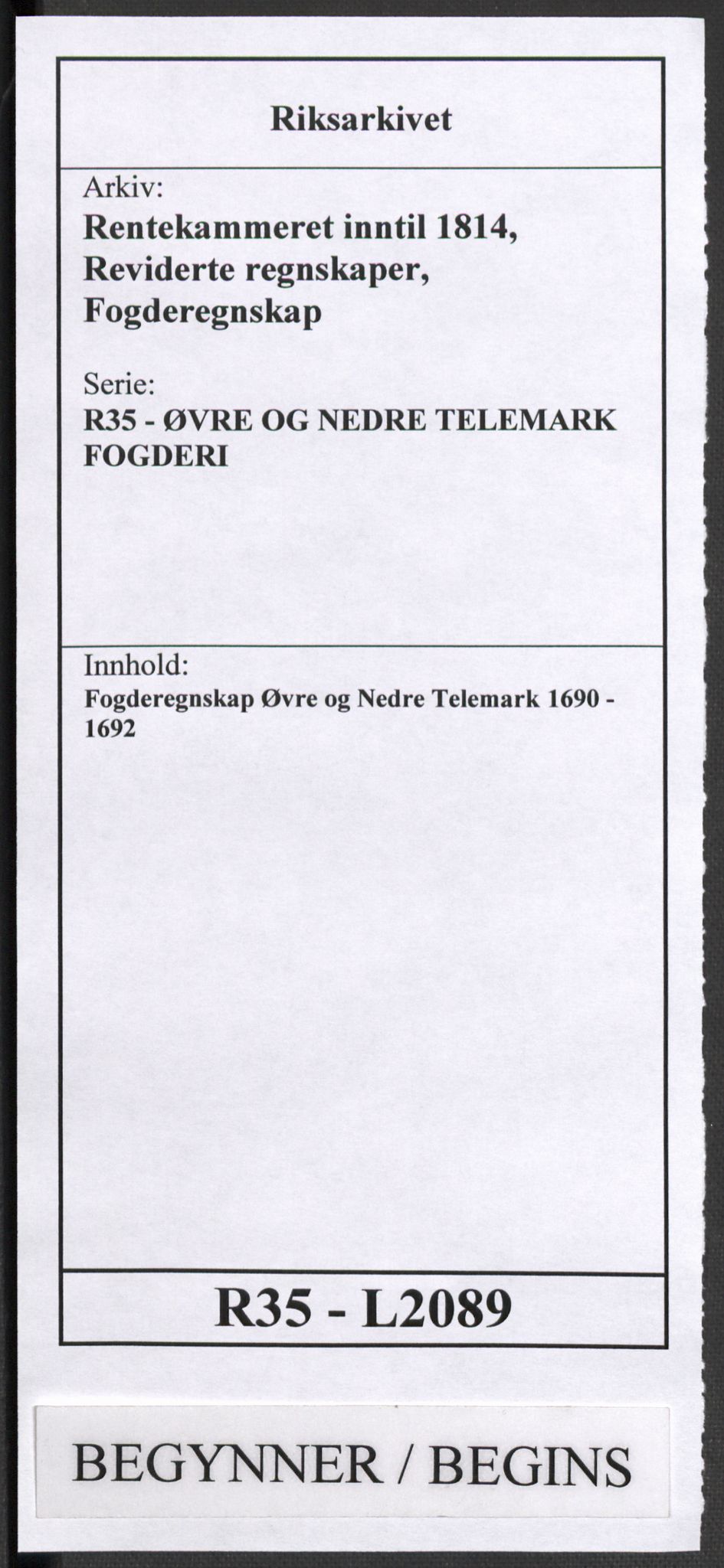 Rentekammeret inntil 1814, Reviderte regnskaper, Fogderegnskap, RA/EA-4092/R35/L2089: Fogderegnskap Øvre og Nedre Telemark, 1690-1692, p. 1