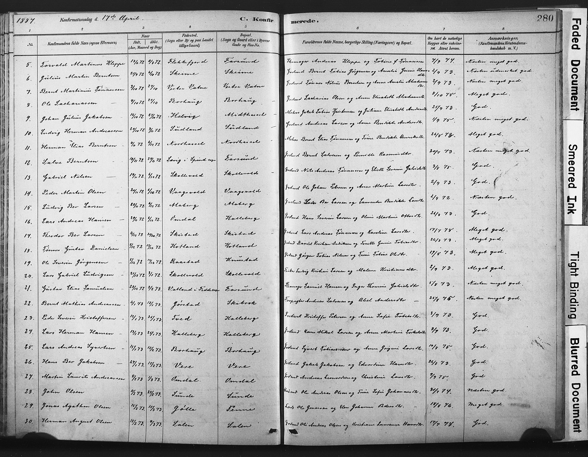 Lista sokneprestkontor, AV/SAK-1111-0027/F/Fa/L0012: Parish register (official) no. A 12, 1879-1903, p. 280