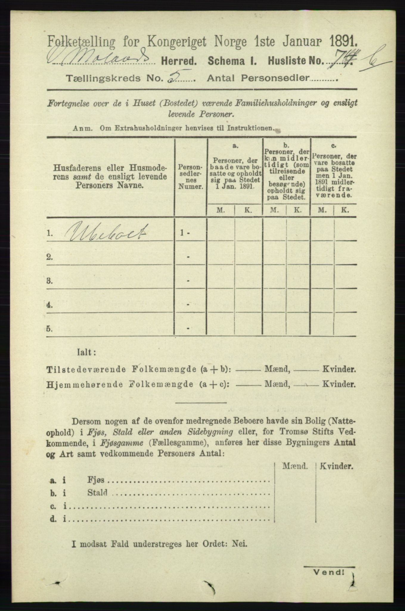 RA, 1891 census for 0926 Vestre Moland, 1891, p. 1834