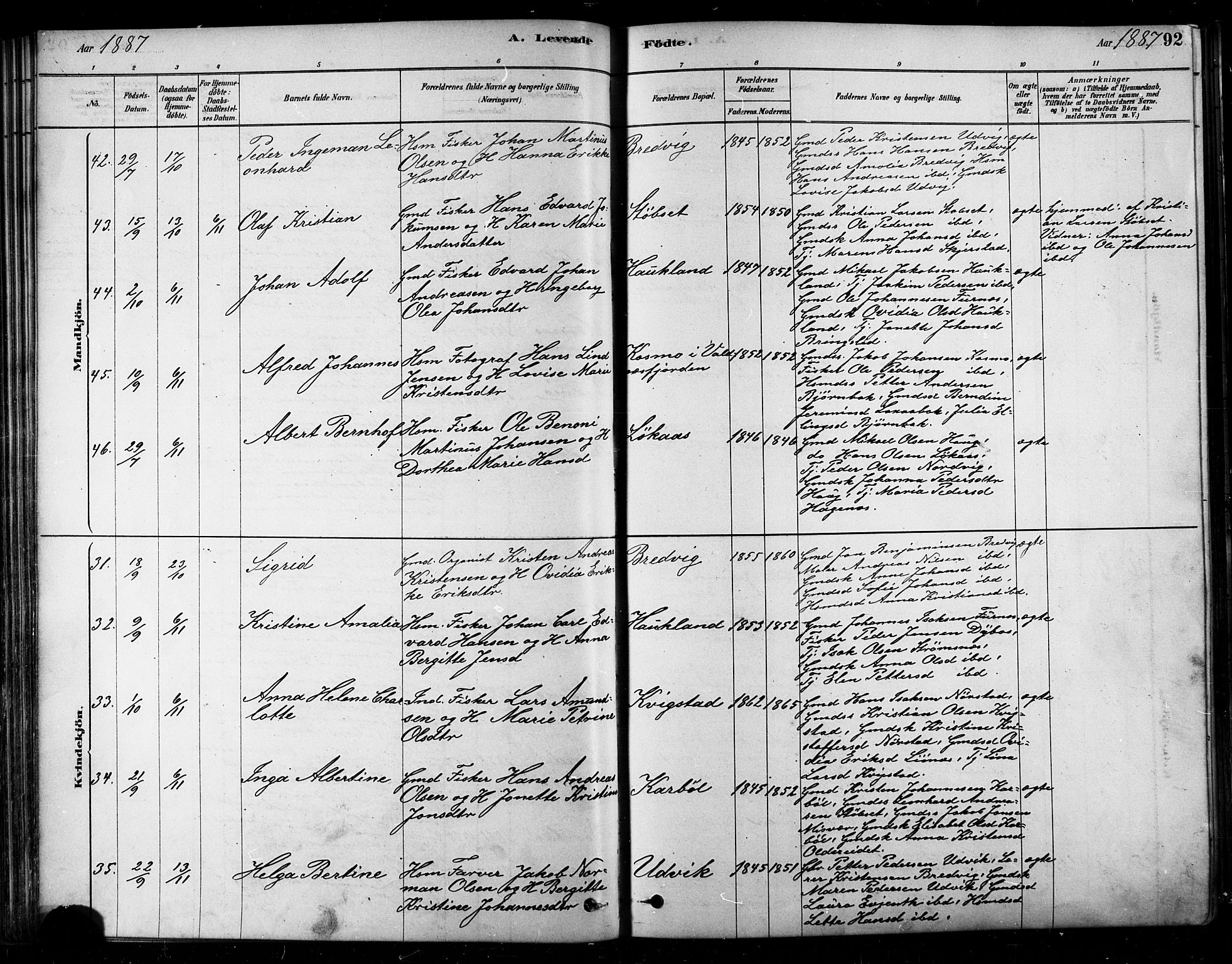 Ministerialprotokoller, klokkerbøker og fødselsregistre - Nordland, AV/SAT-A-1459/852/L0740: Parish register (official) no. 852A10, 1878-1894, p. 92