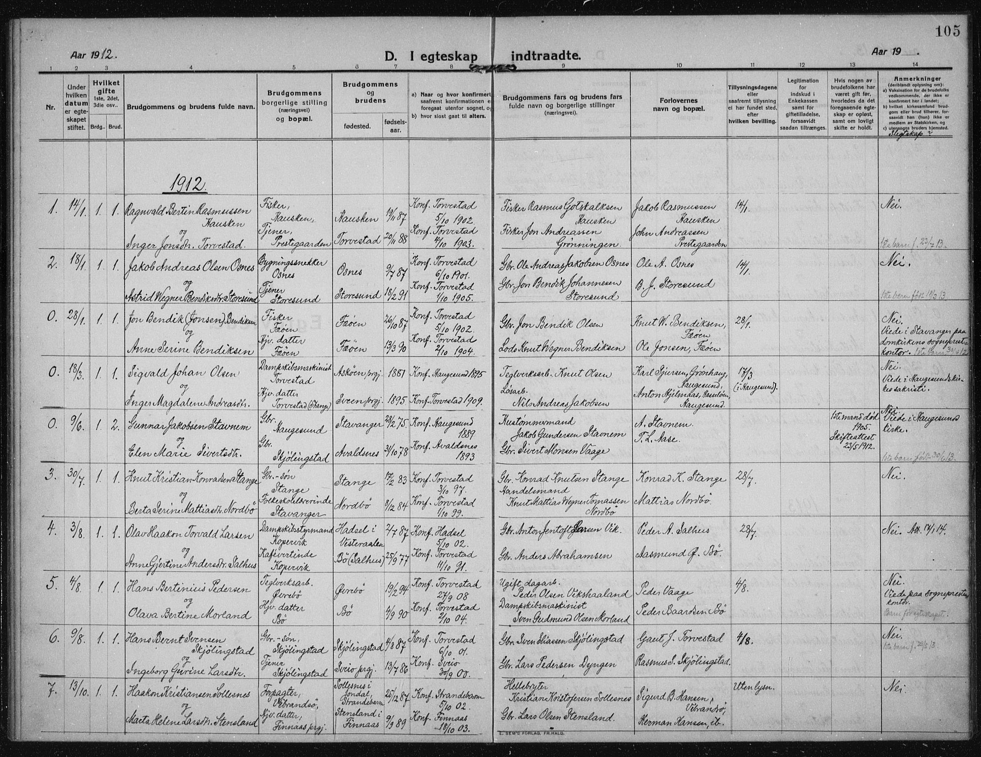 Torvastad sokneprestkontor, SAST/A -101857/H/Ha/Haa/L0019: Parish register (official) no. A 18, 1912-1920, p. 105