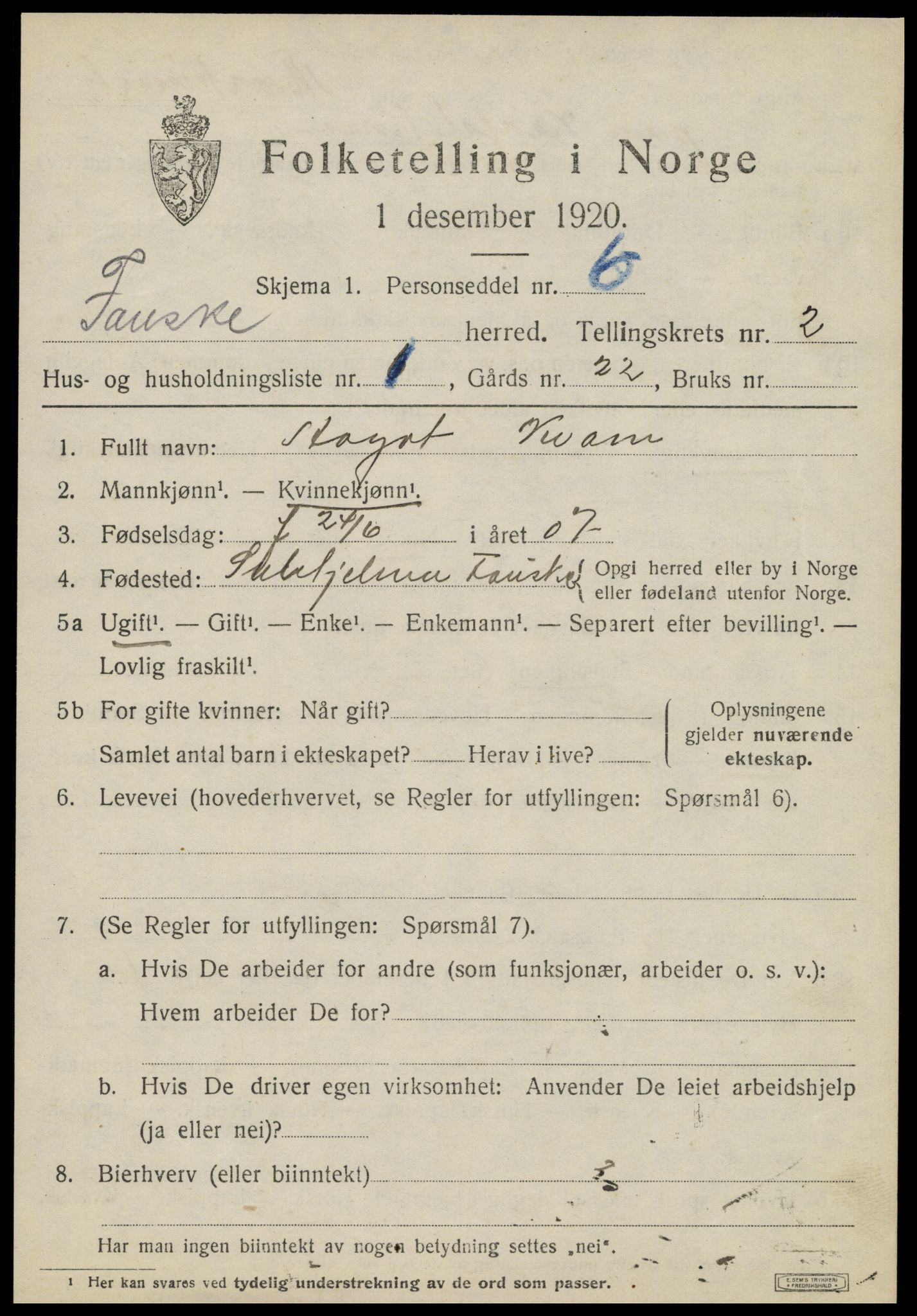 SAT, 1920 census for Fauske, 1920, p. 2910