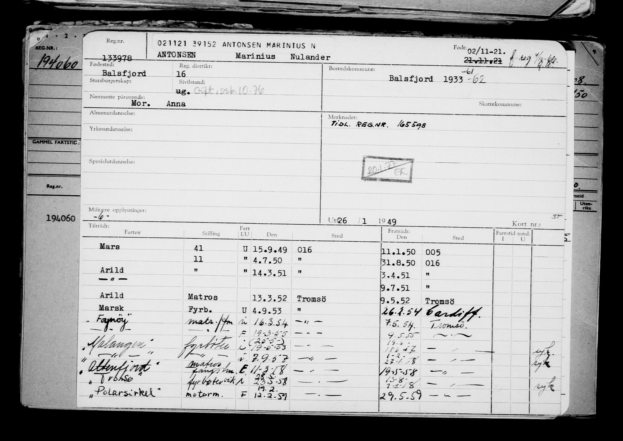 Direktoratet for sjømenn, RA/S-3545/G/Gb/L0199: Hovedkort, 1921, p. 460