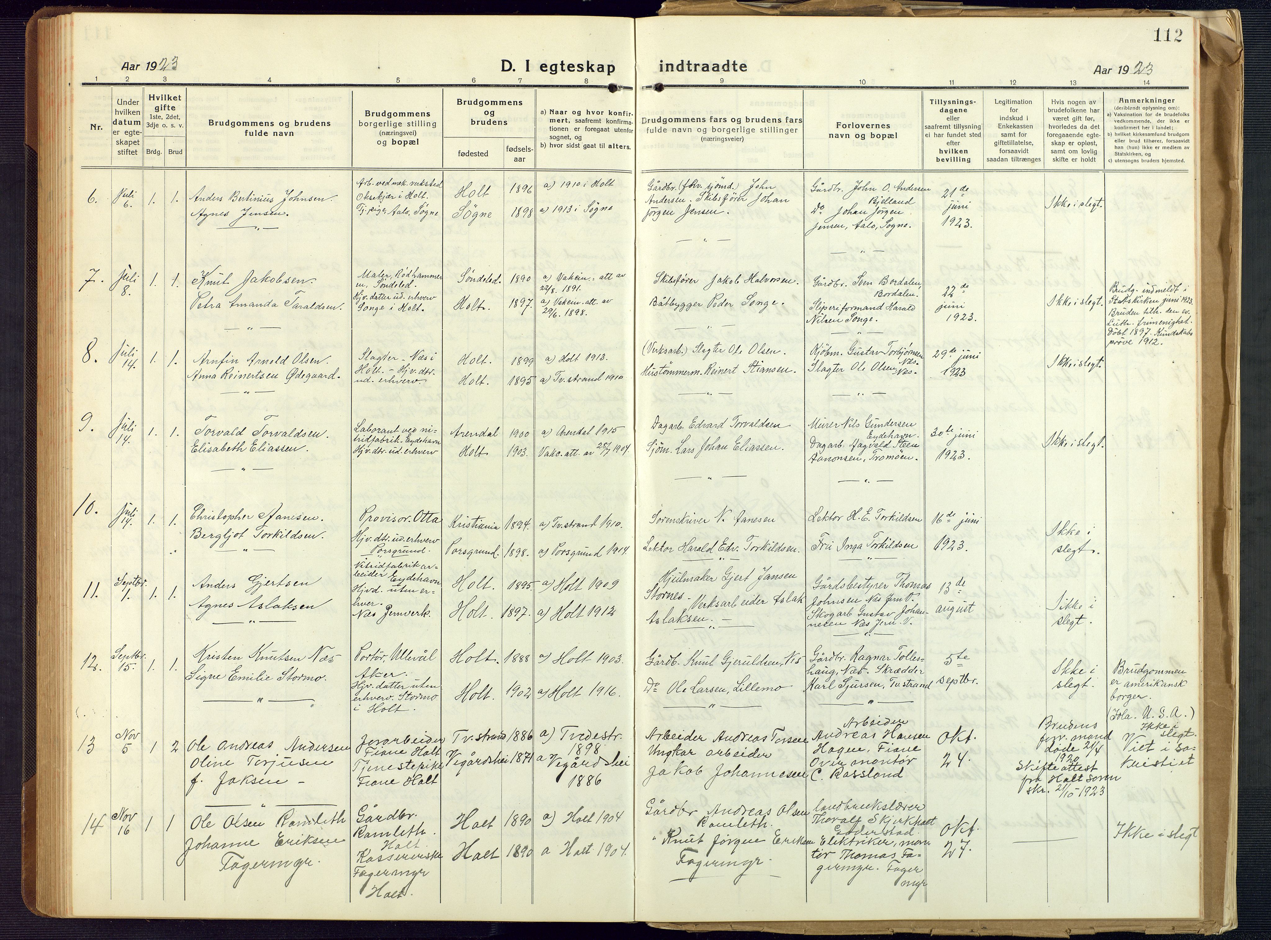 Holt sokneprestkontor, SAK/1111-0021/F/Fb/L0012: Parish register (copy) no. B 12, 1919-1944, p. 112