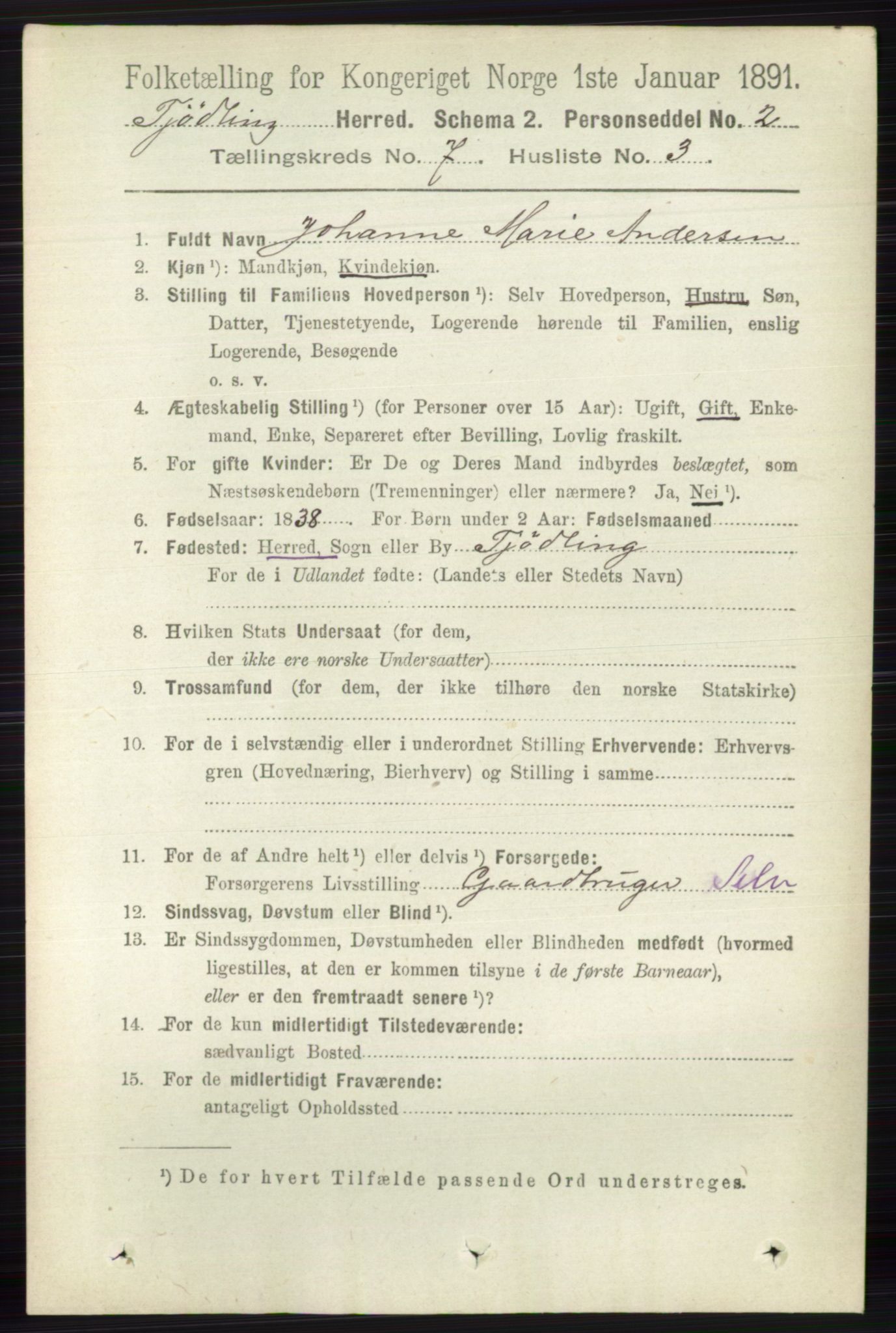 RA, 1891 census for 0725 Tjølling, 1891, p. 3682