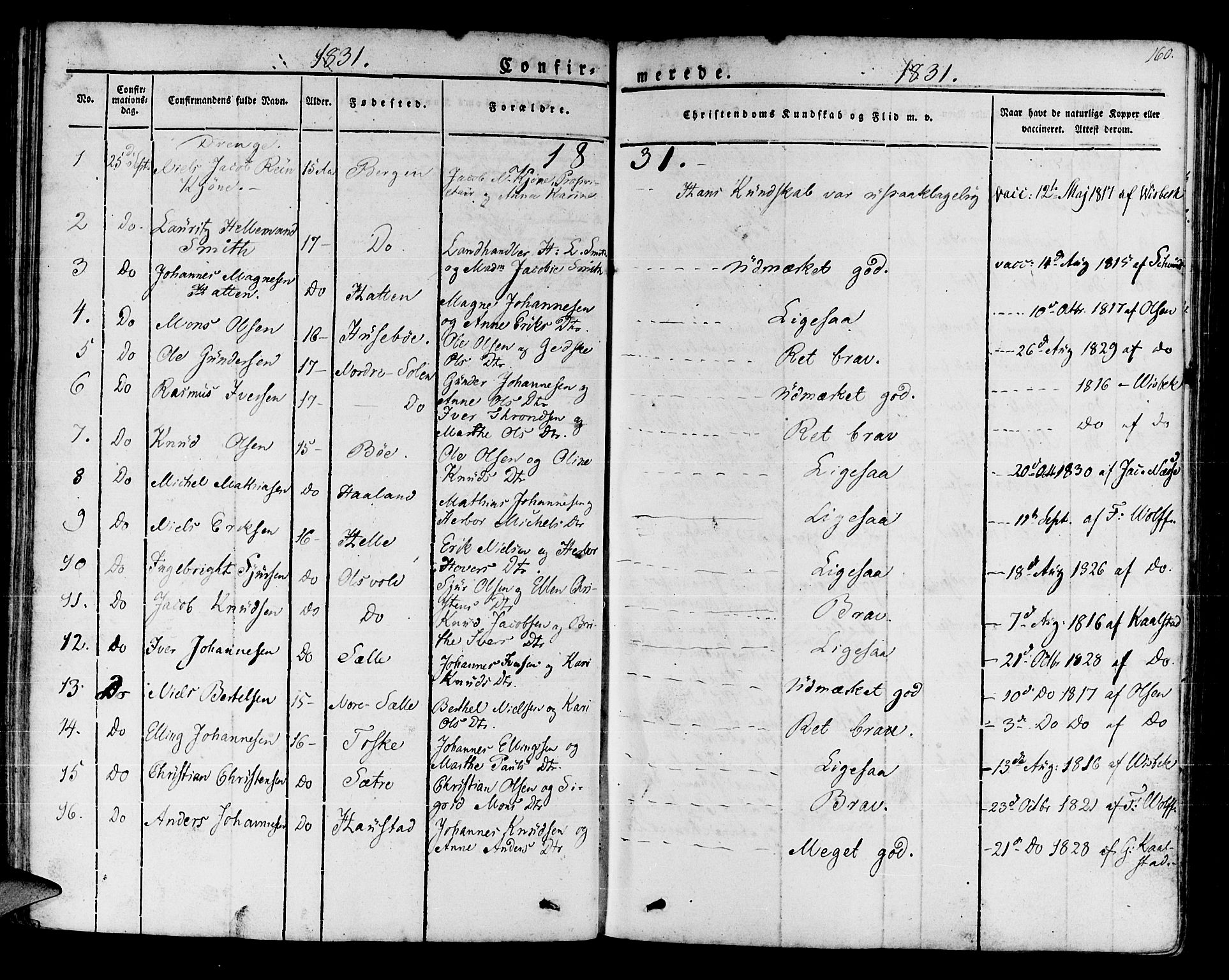 Manger sokneprestembete, SAB/A-76801/H/Haa: Parish register (official) no. A 4, 1824-1838, p. 160