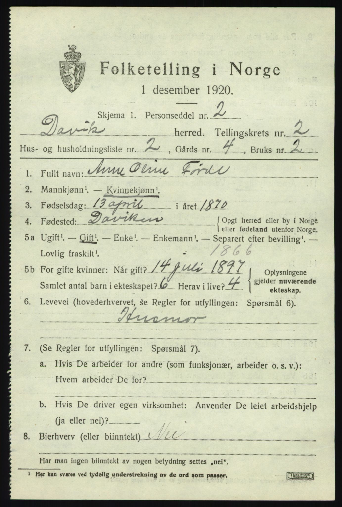 SAB, 1920 census for Davik, 1920, p. 1277