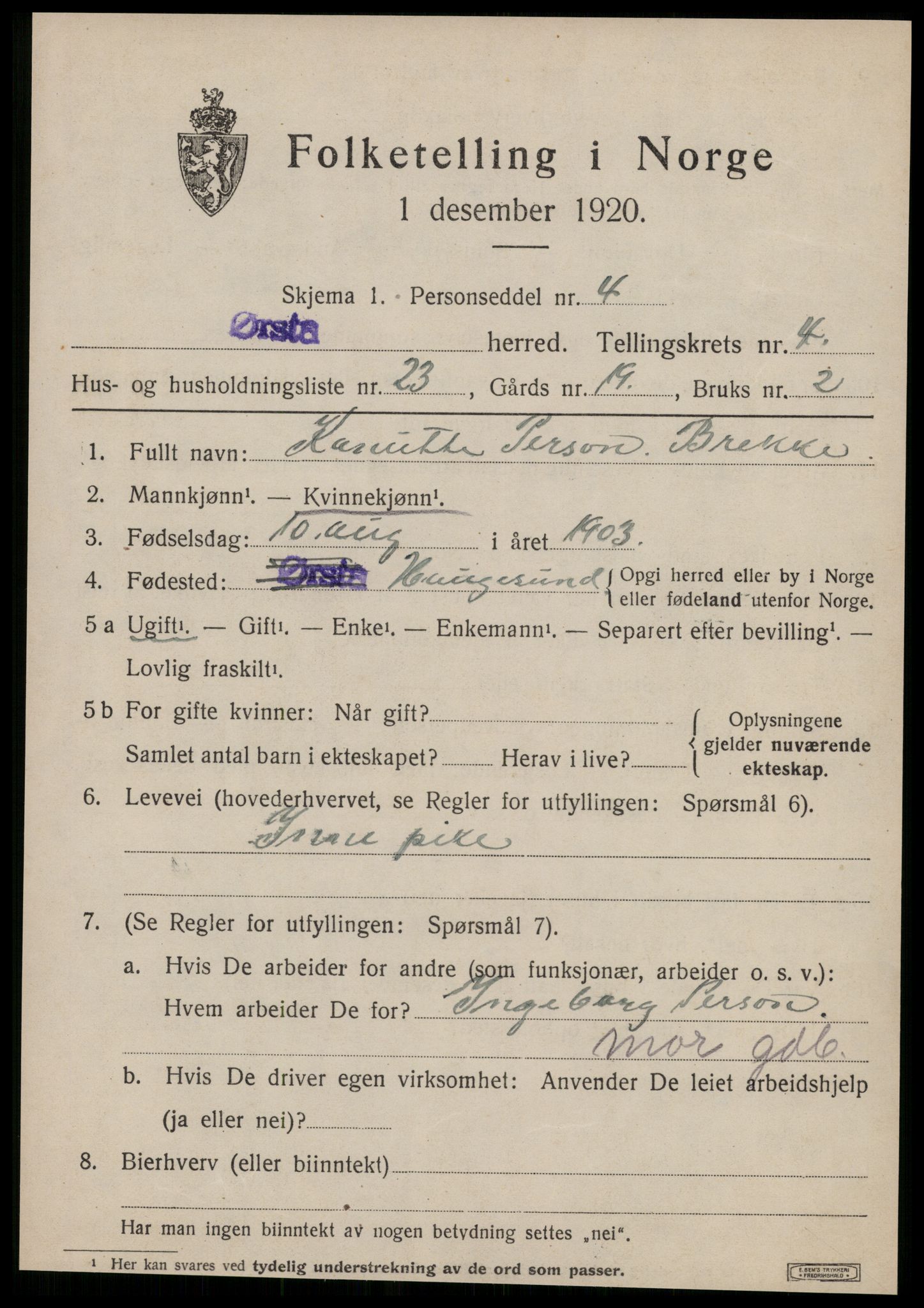 SAT, 1920 census for Ørsta, 1920, p. 4254