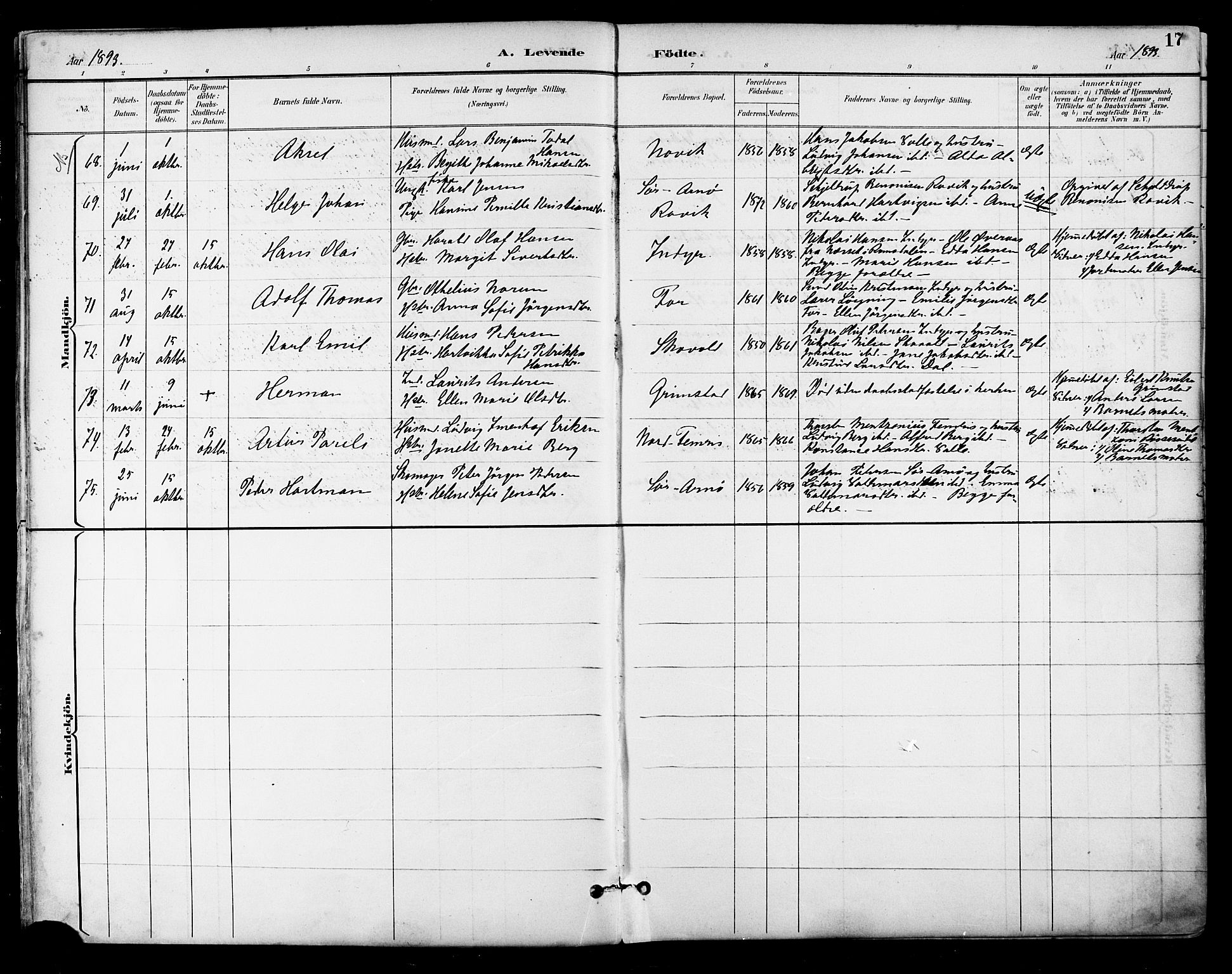 Ministerialprotokoller, klokkerbøker og fødselsregistre - Nordland, SAT/A-1459/805/L0101: Parish register (official) no. 805A07, 1892-1899, p. 17