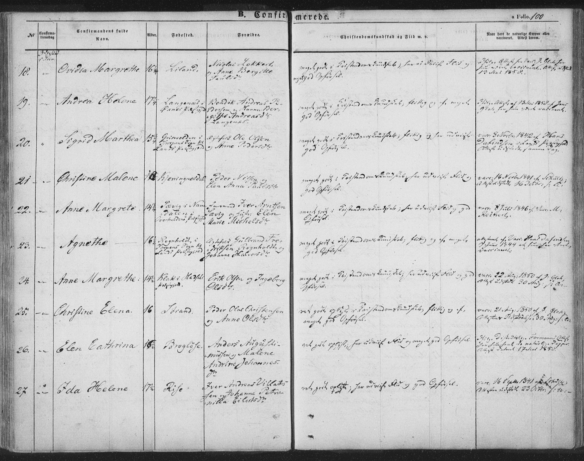 Ministerialprotokoller, klokkerbøker og fødselsregistre - Nordland, AV/SAT-A-1459/895/L1369: Parish register (official) no. 895A04, 1852-1872, p. 100