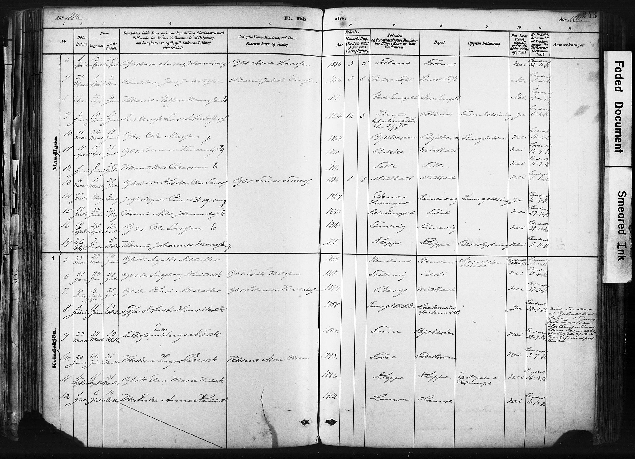 Sund sokneprestembete, AV/SAB-A-99930: Parish register (official) no. B 1, 1882-1907, p. 243