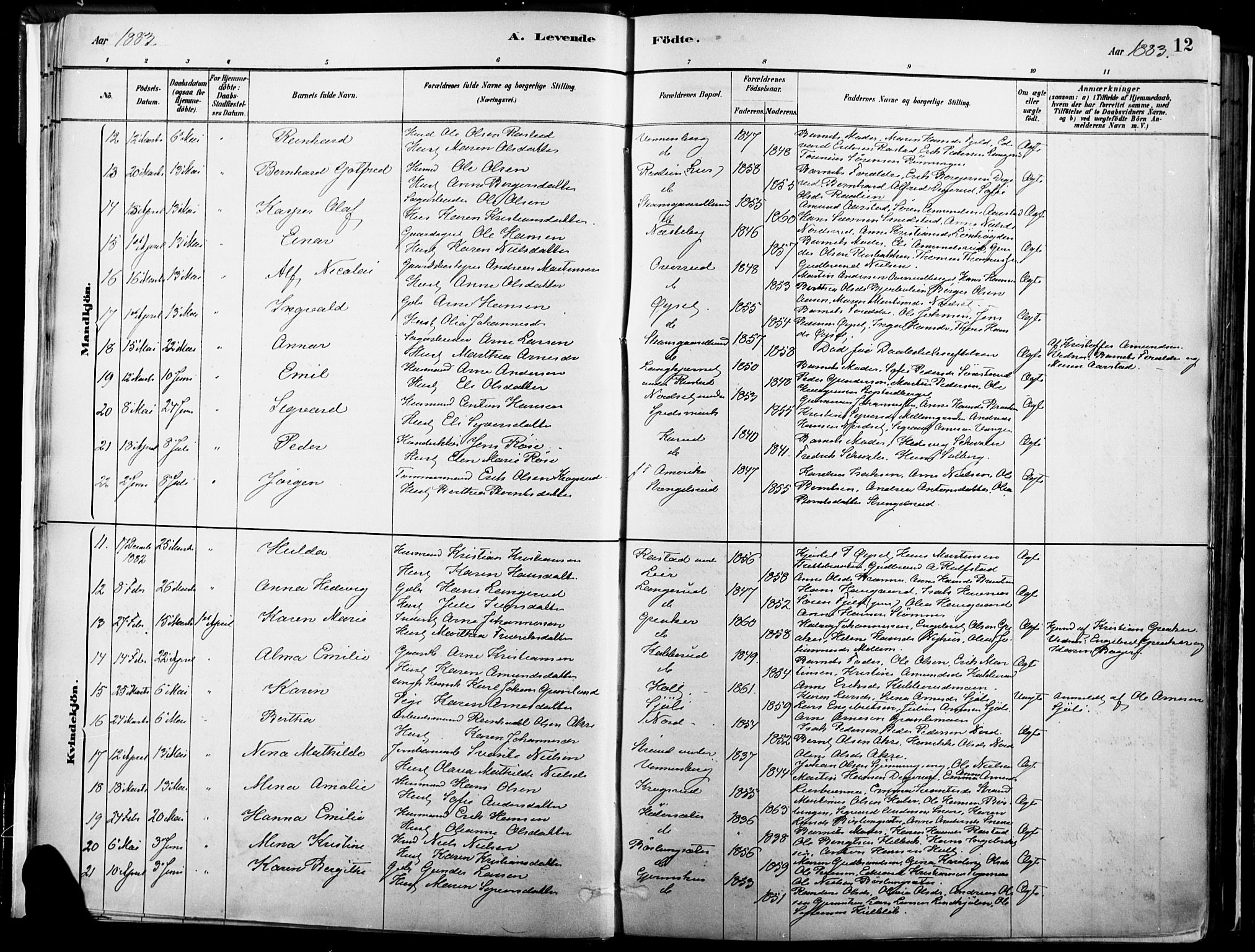 Vinger prestekontor, SAH/PREST-024/H/Ha/Haa/L0014: Parish register (official) no. 14, 1881-1900, p. 12