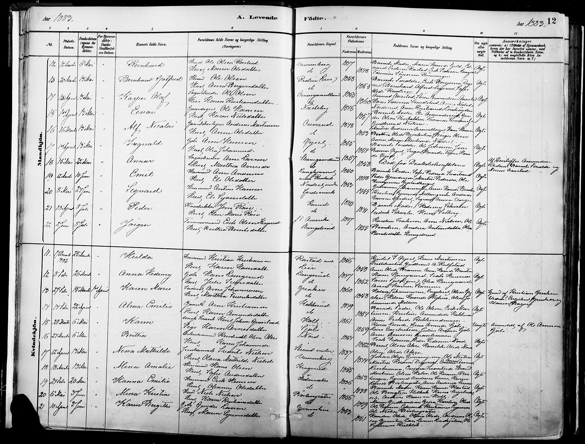 Vinger prestekontor, AV/SAH-PREST-024/H/Ha/Haa/L0014: Parish register (official) no. 14, 1881-1900, p. 12