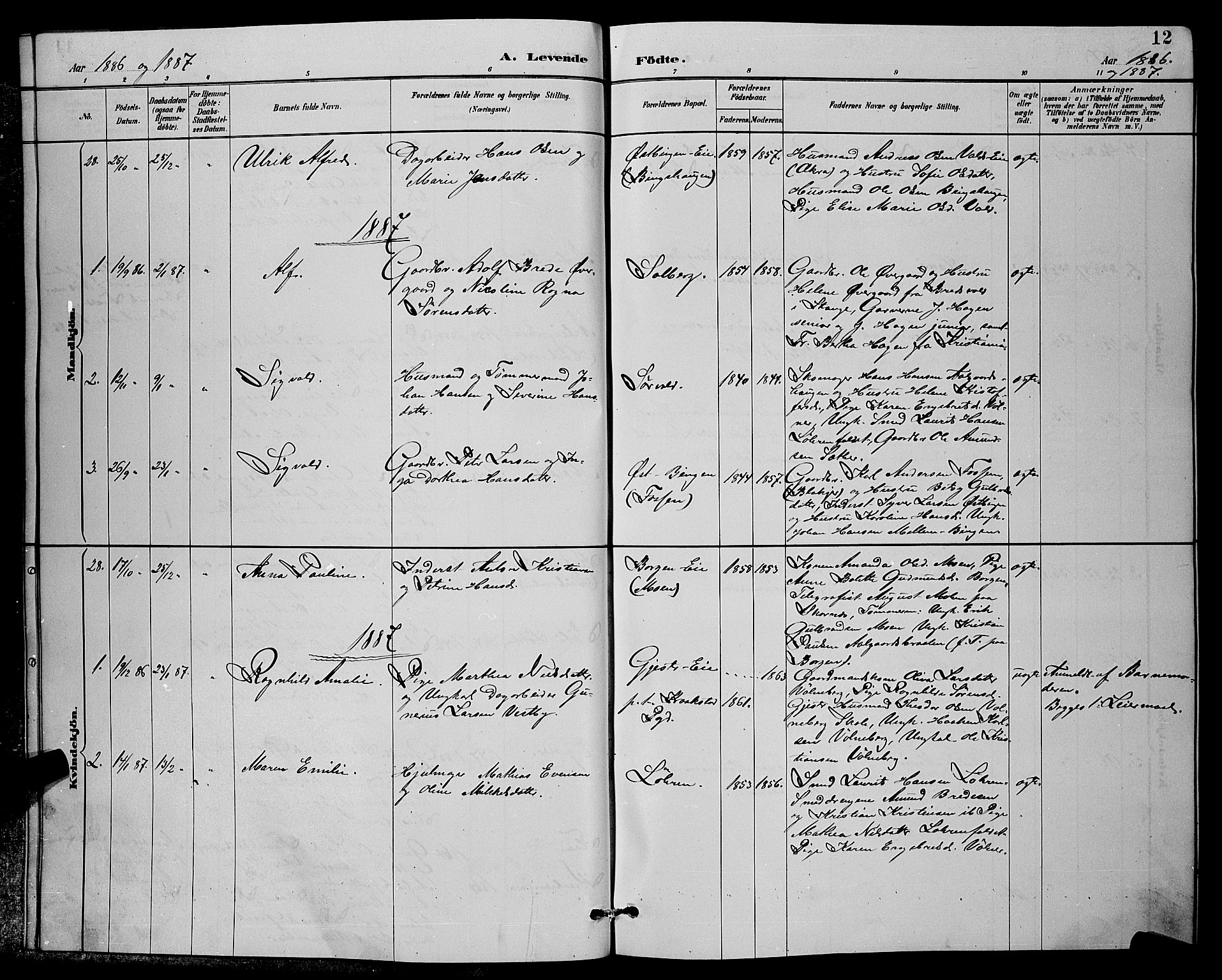 Sørum prestekontor Kirkebøker, SAO/A-10303/G/Ga/L0005: Parish register (copy) no. I 5.1, 1886-1894, p. 12