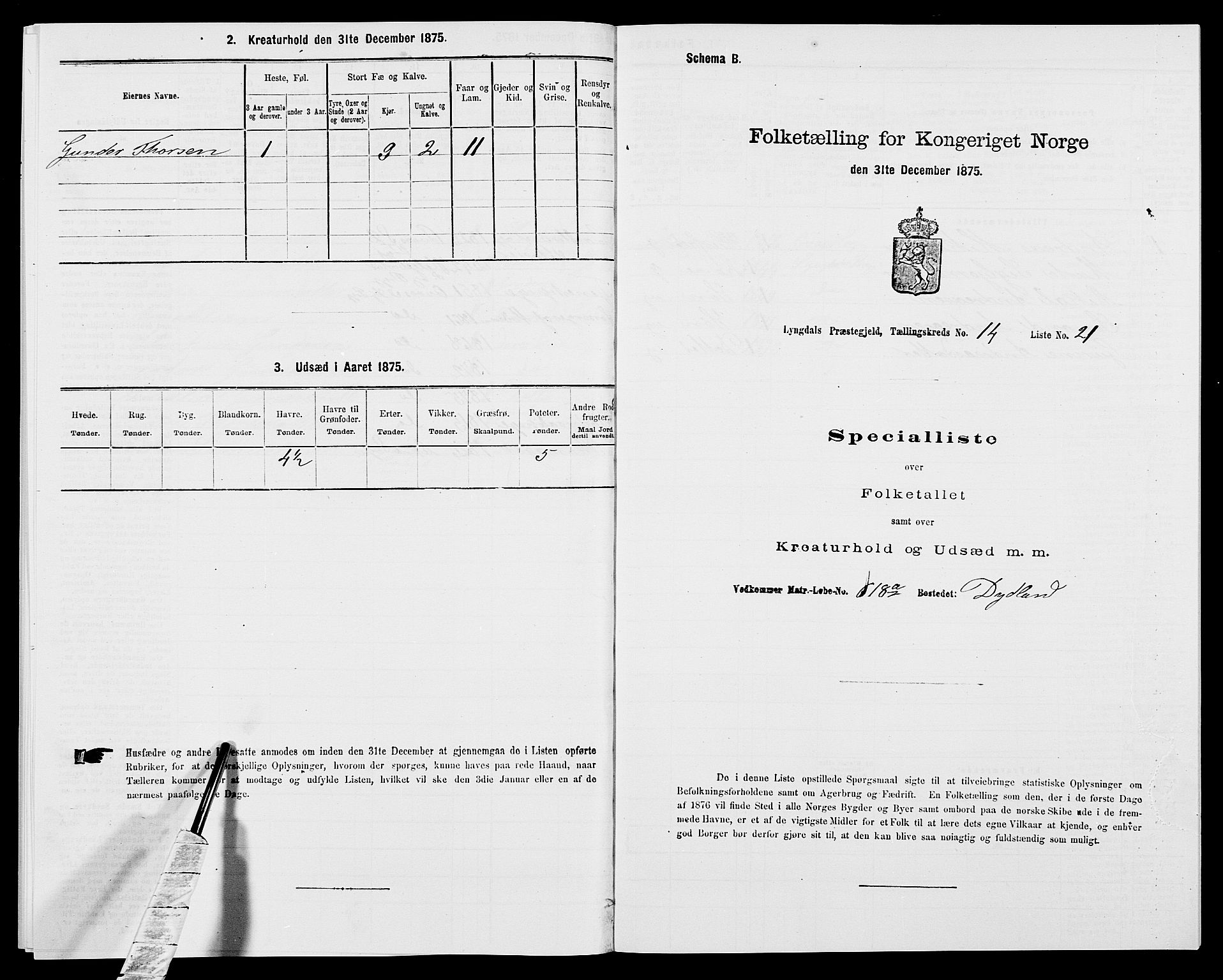 SAK, 1875 census for 1032P Lyngdal, 1875, p. 2056