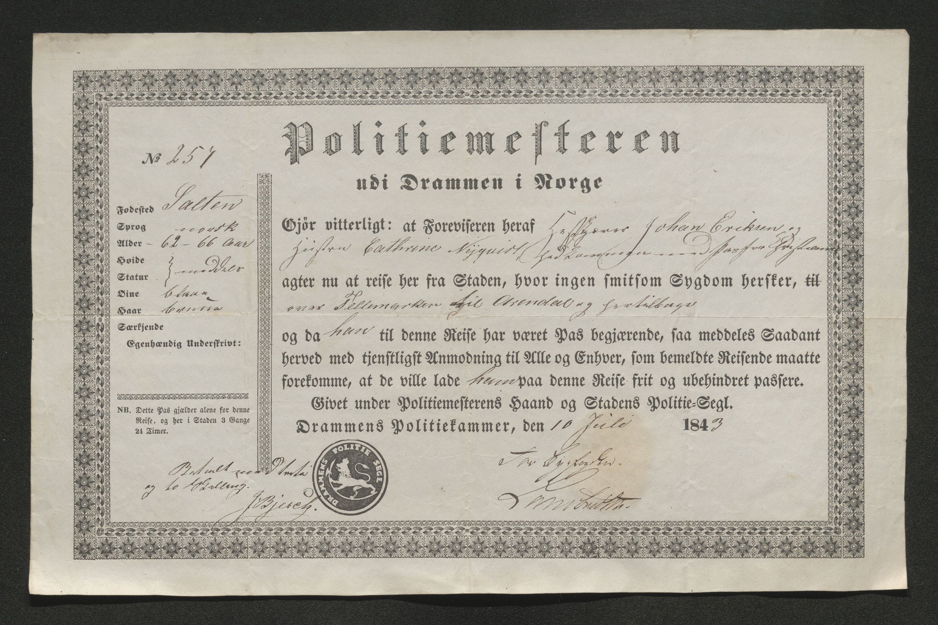 Drammen politikammer, SAKO/A-623/I/Ia/Iab/L0007: Innleverte pass, 1843-1844, p. 283