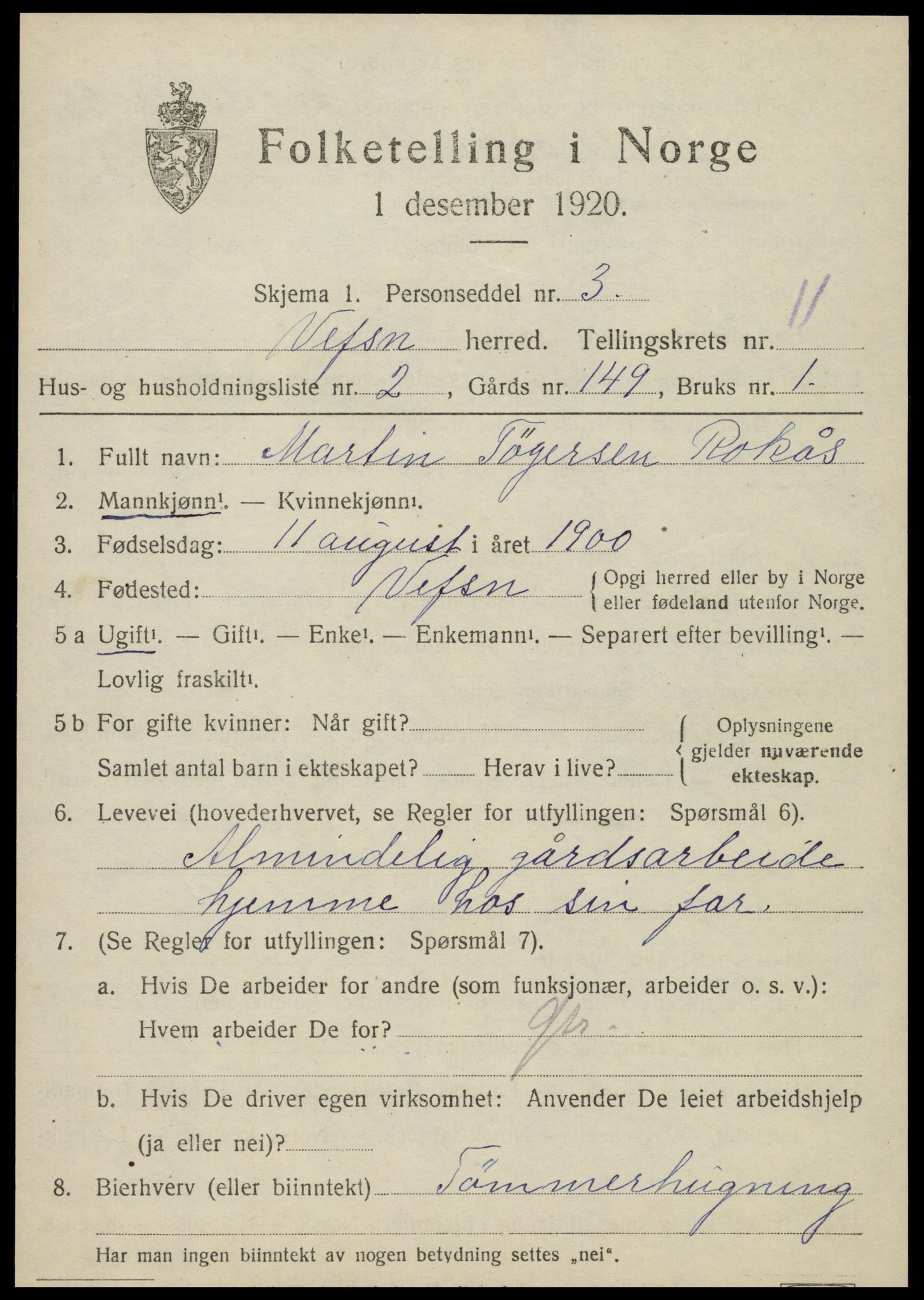 SAT, 1920 census for Vefsn, 1920, p. 8371