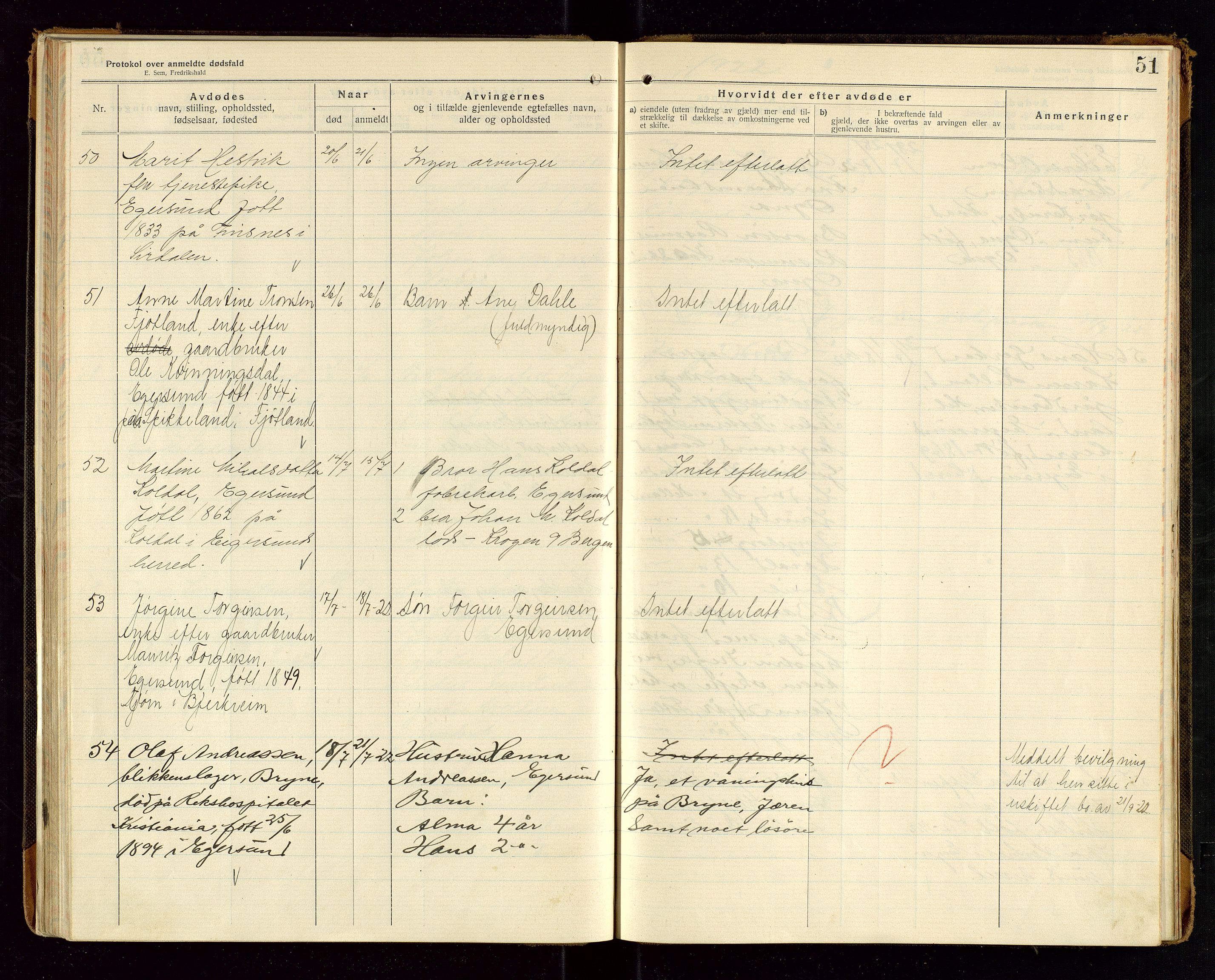 Eigersund lensmannskontor, AV/SAST-A-100171/Gga/L0008: "Protokol over anmeldte dødsfald" m/alfabetisk navneregister, 1920-1922, p. 51