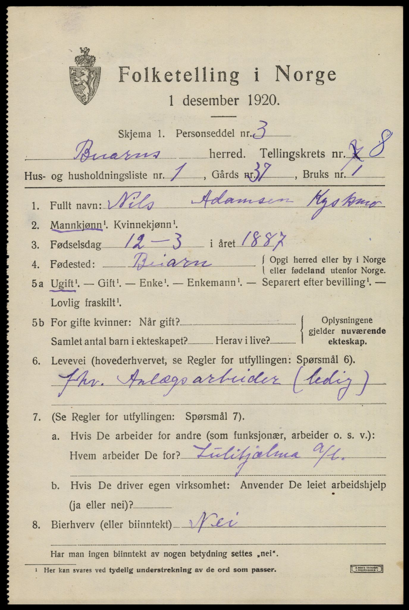 SAT, 1920 census for Beiarn, 1920, p. 4160