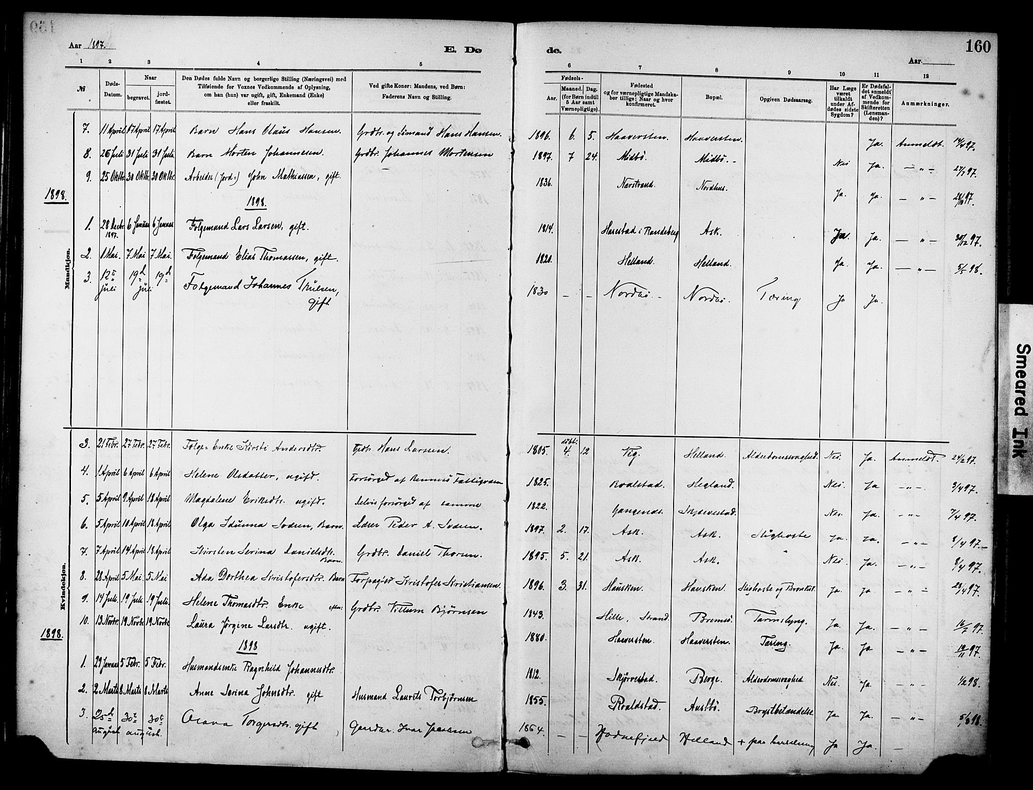 Rennesøy sokneprestkontor, SAST/A -101827/H/Ha/Haa/L0012: Parish register (official) no. A 13, 1885-1917, p. 160