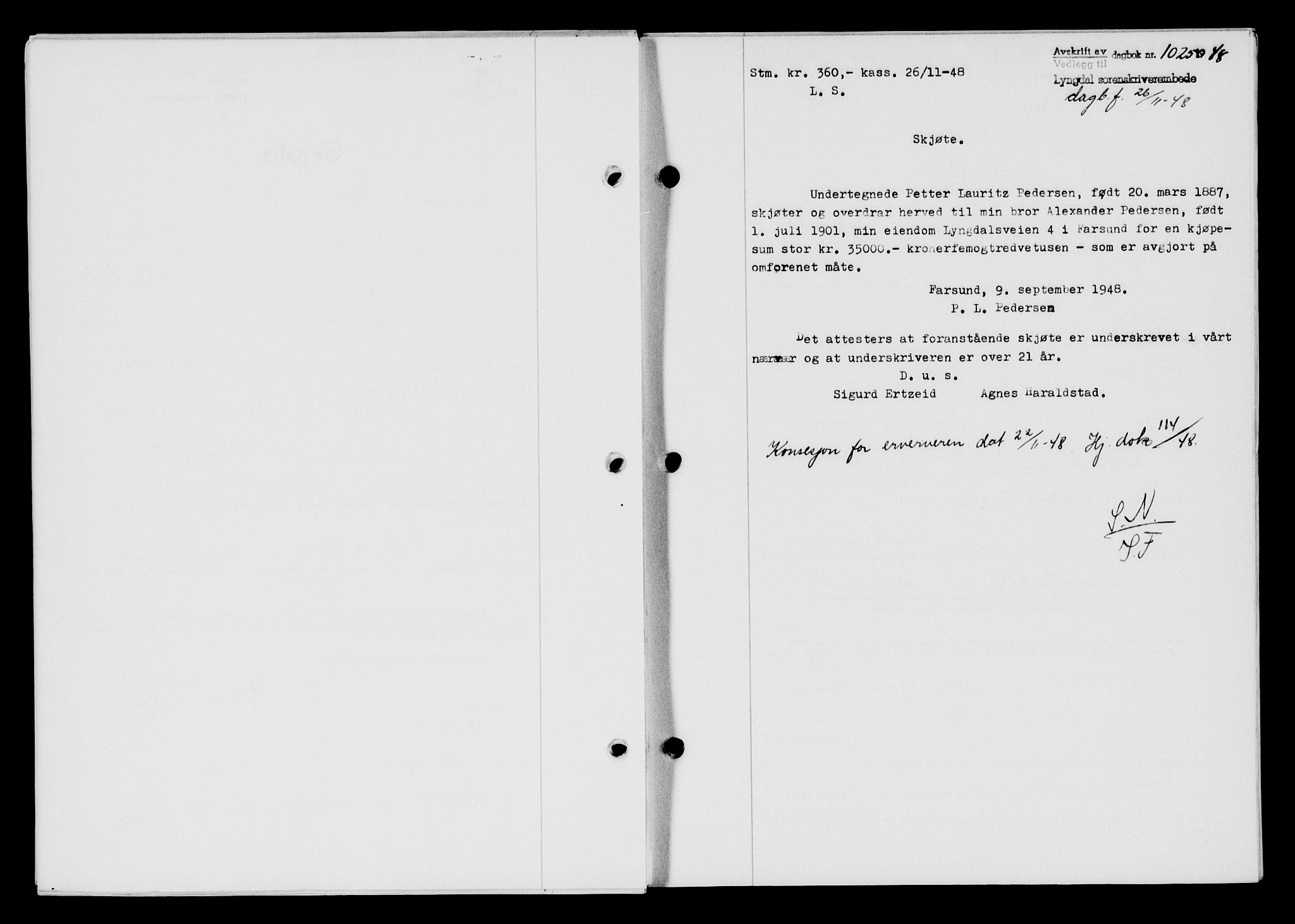 Lyngdal sorenskriveri, AV/SAK-1221-0004/G/Gb/L0663: Mortgage book no. A IX, 1948-1949, Diary no: : 1025/1948