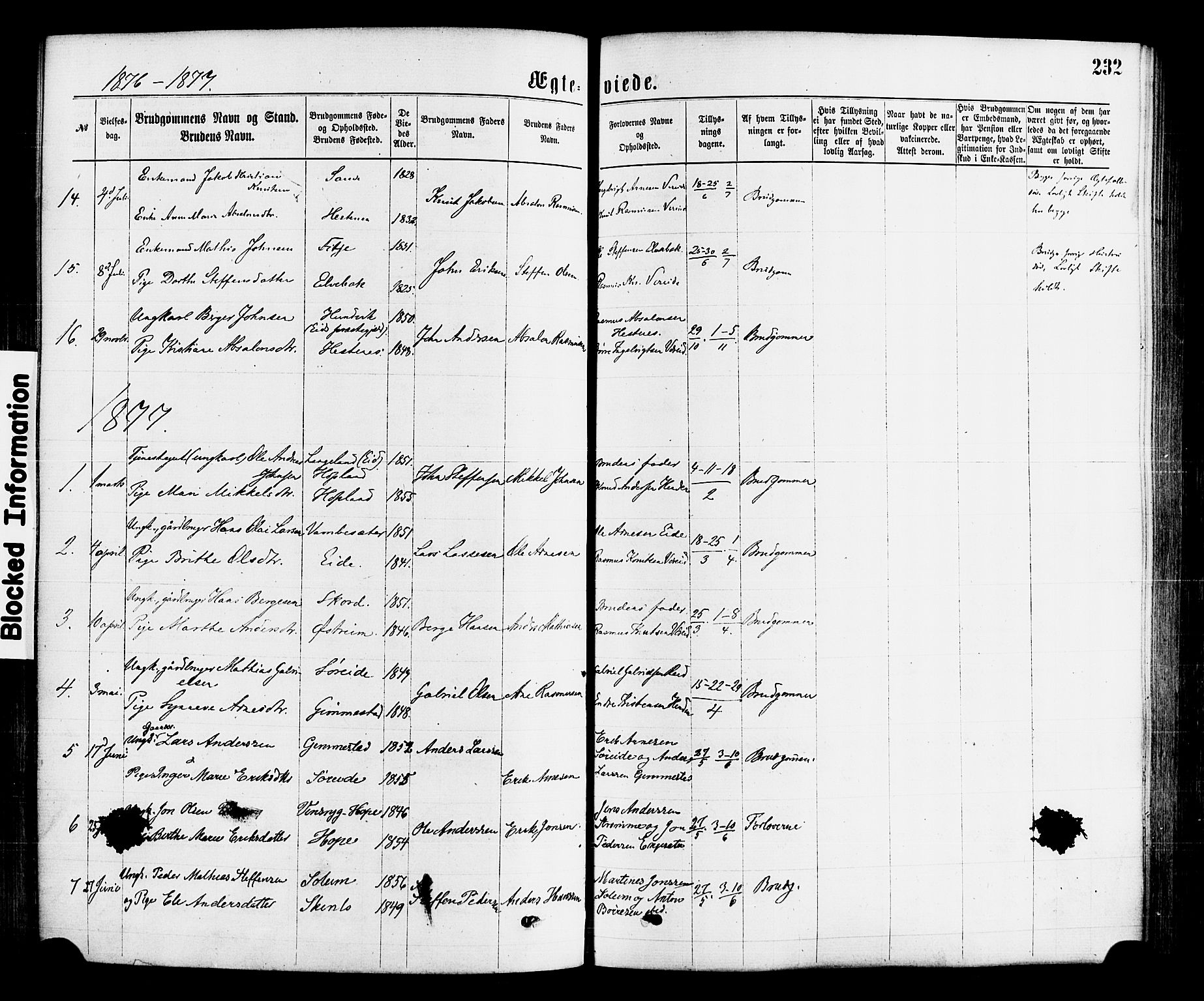 Gloppen sokneprestembete, SAB/A-80101/H/Haa/Haaa/L0010: Parish register (official) no. A 10, 1871-1884, p. 232