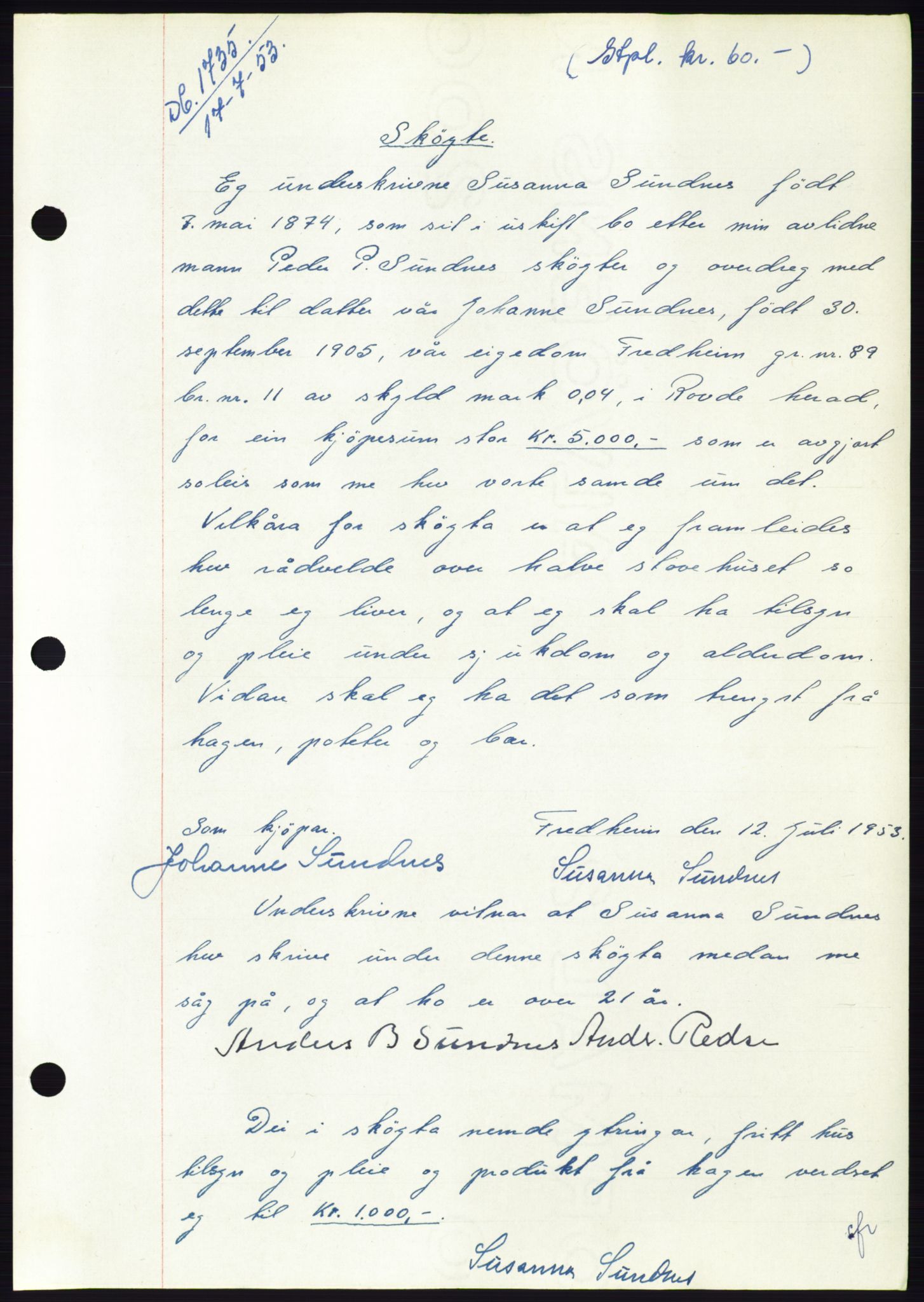 Søre Sunnmøre sorenskriveri, AV/SAT-A-4122/1/2/2C/L0095: Mortgage book no. 21A, 1953-1953, Diary no: : 1735/1953